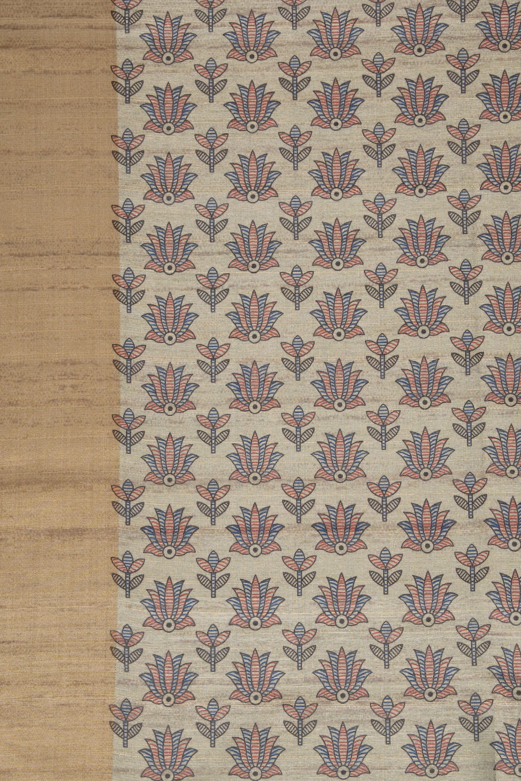 Peacock Blue Tussar Silk Saree With Madhubani Print