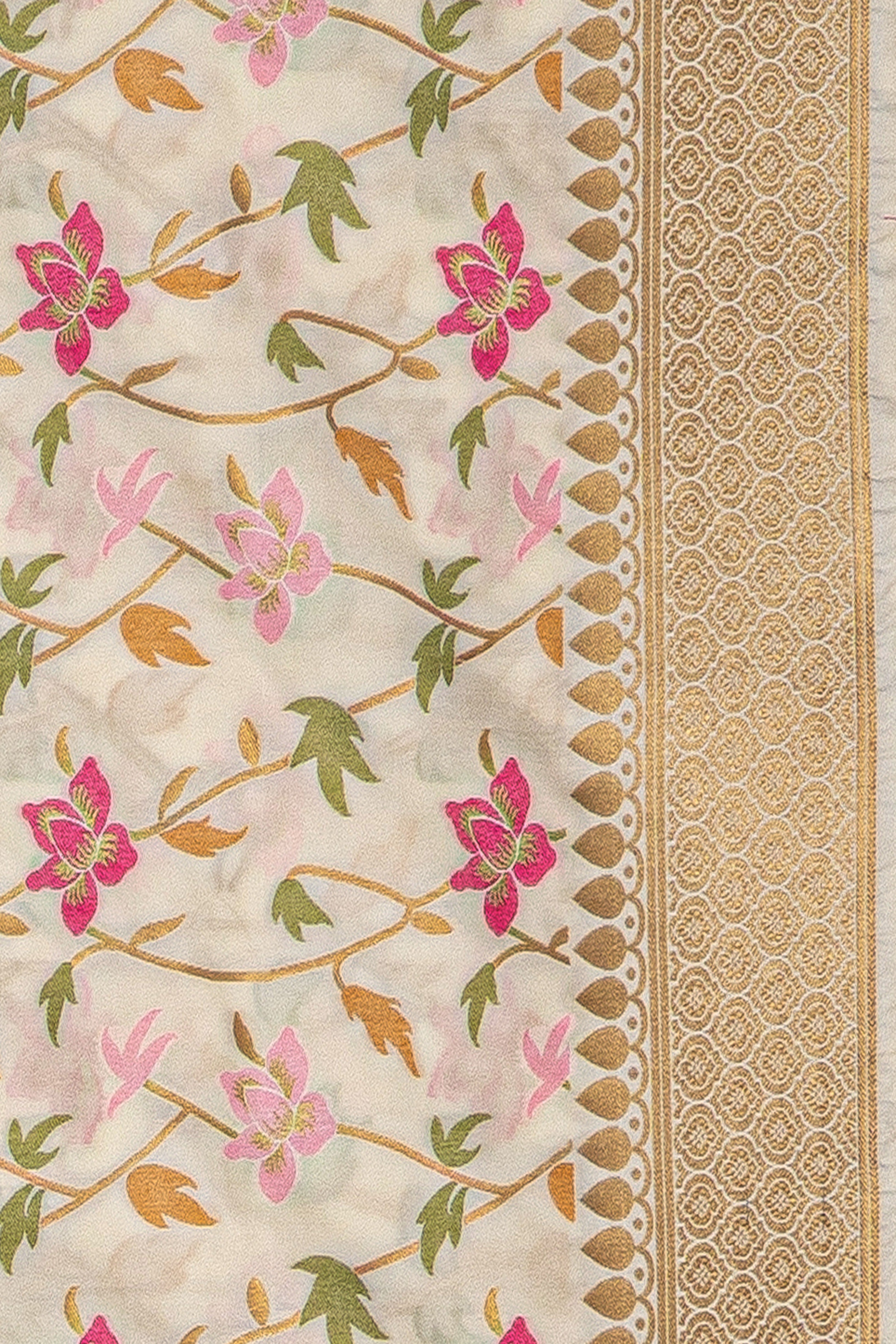 Cream Katan Silk Banarasi Saree with Jaal pattern