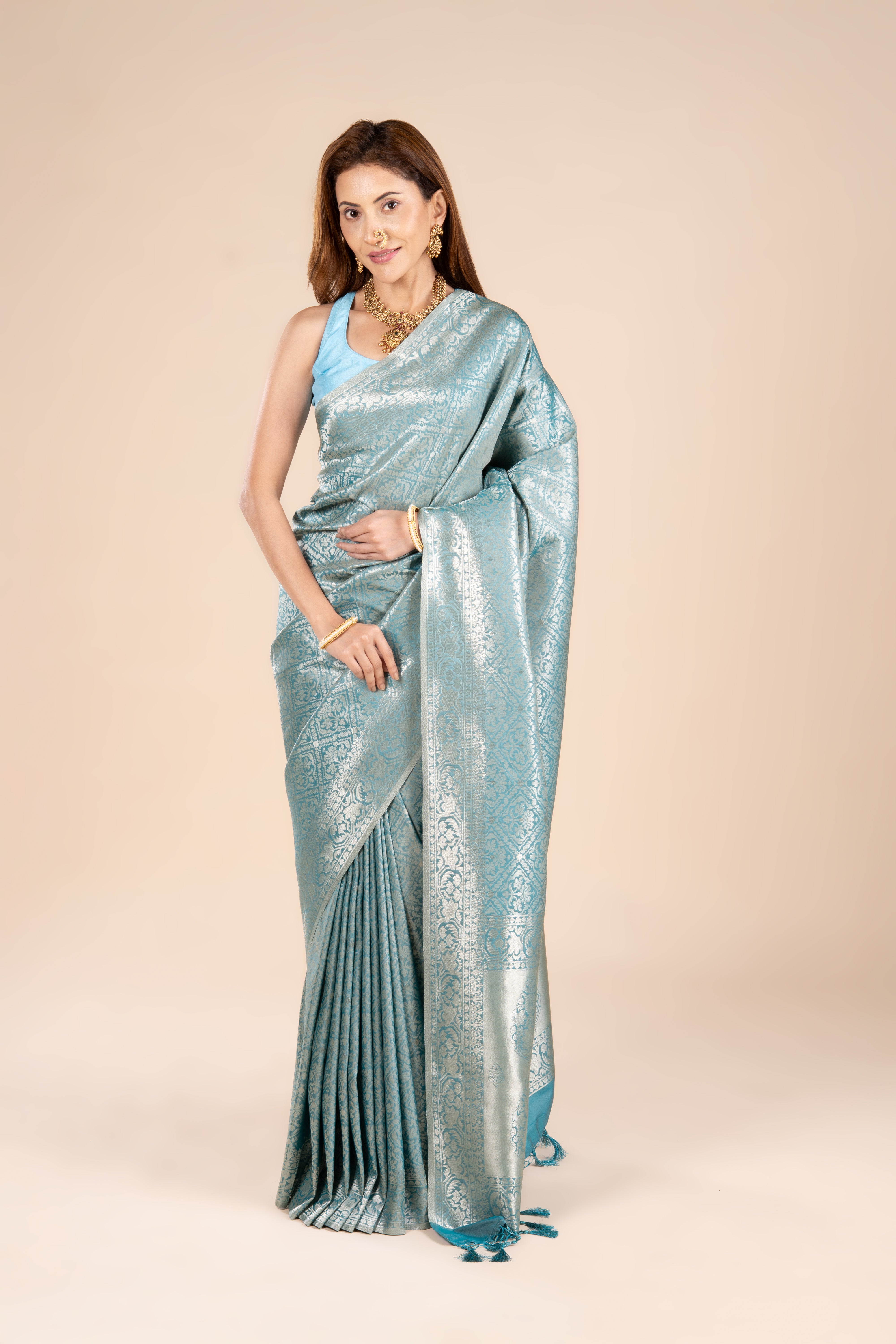 Sea Green Soft Silk Brocade Saree