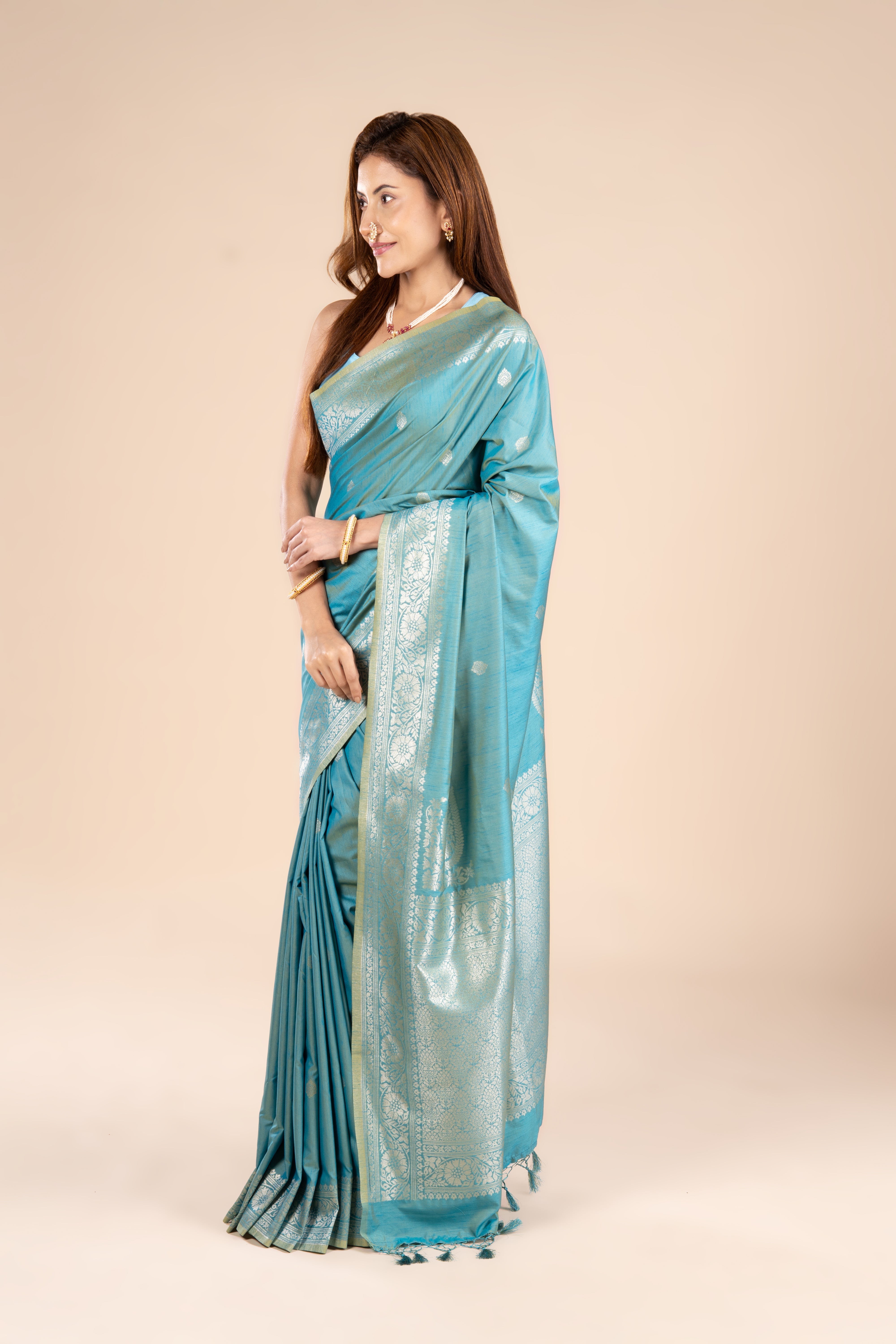 Blue Tussar Silk Banarasi Saree