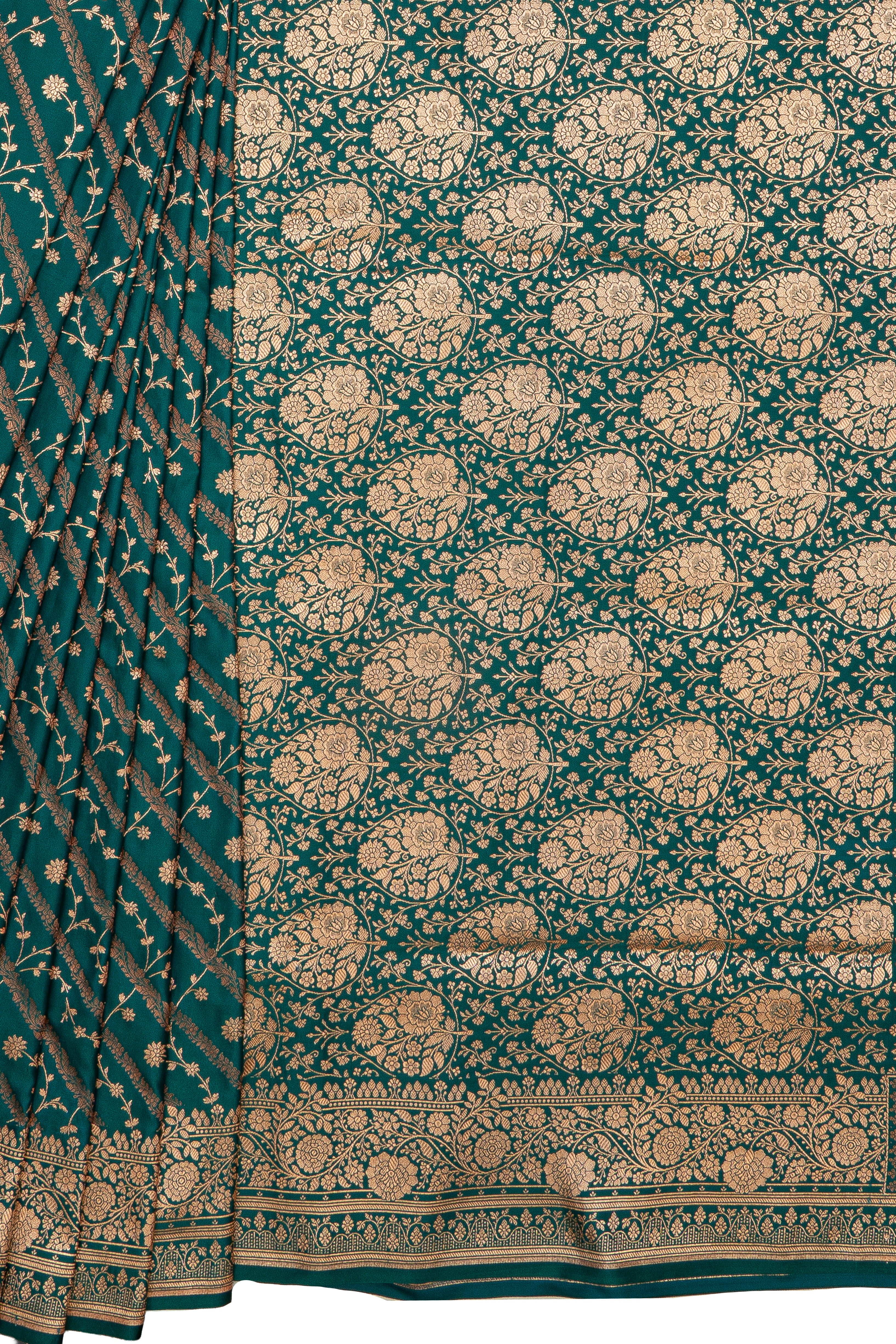 Peacock Green Katan Silk Banarasi Saree with Jaal pattern