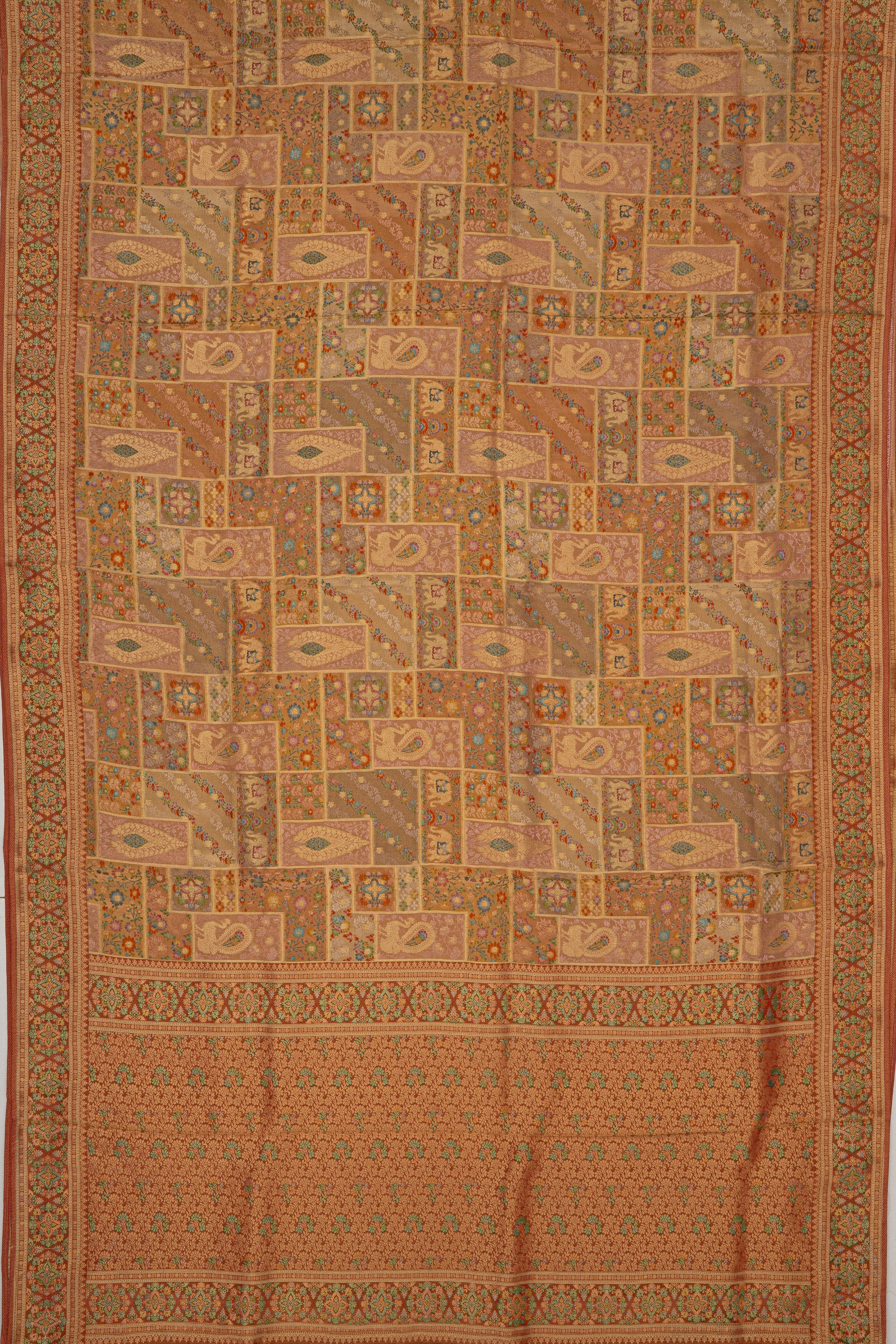 Orange and Pink Dola Silk Saree with Block Print