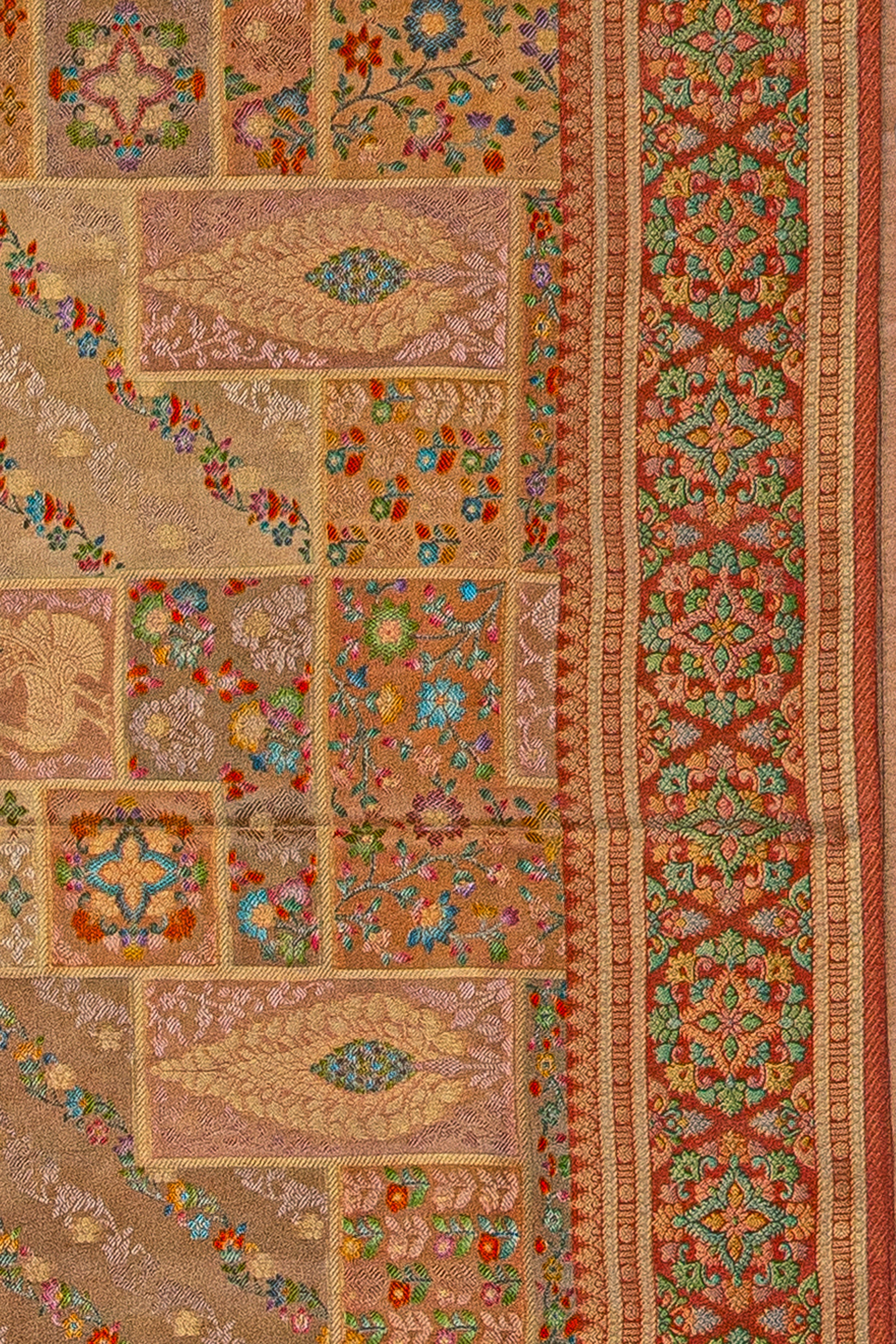 Orange and Pink Dola Silk Saree with Block Print