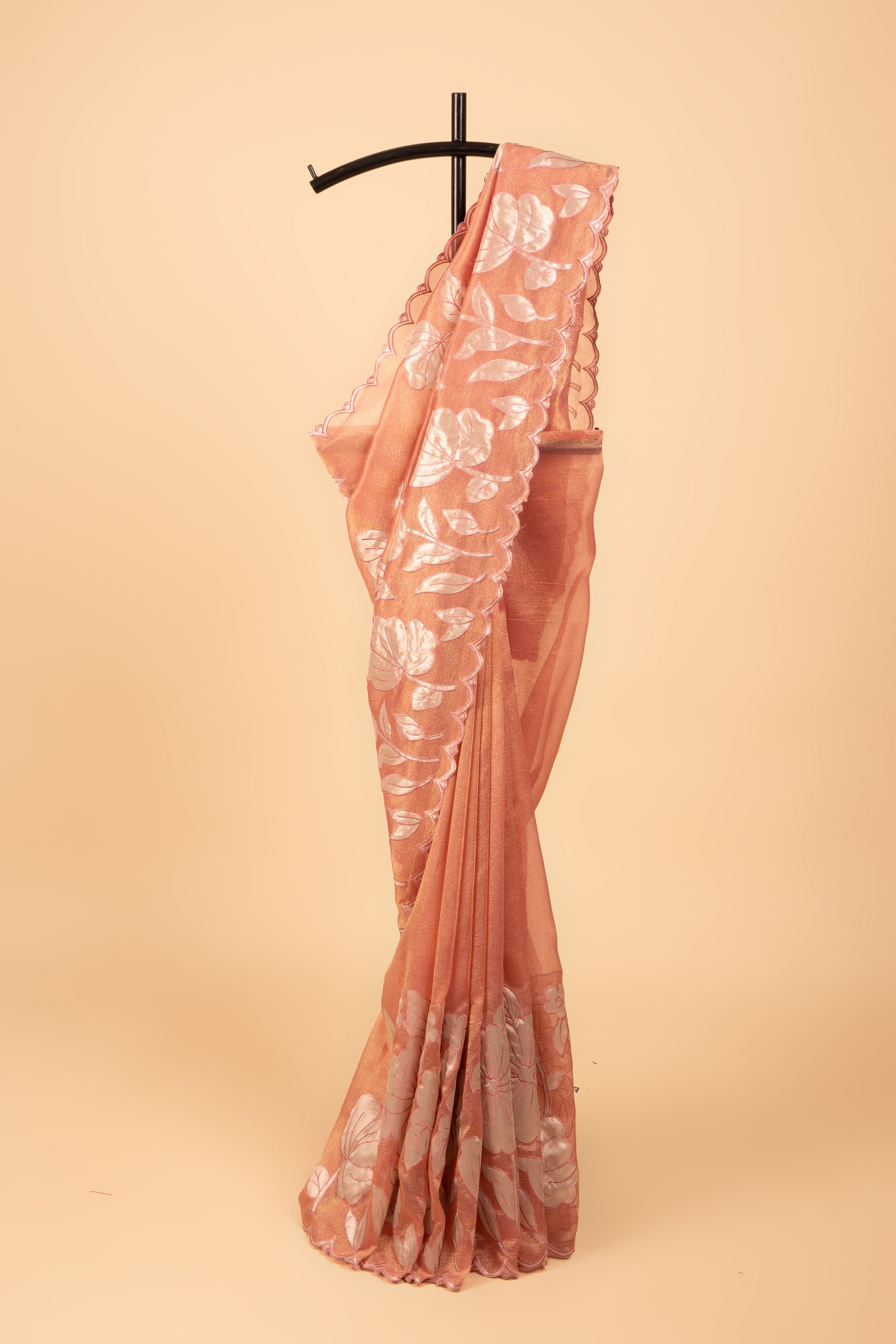 Rose Gold Organza Saree with Floral patchwork