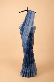 Blue Cotton Saree with Peacock Print