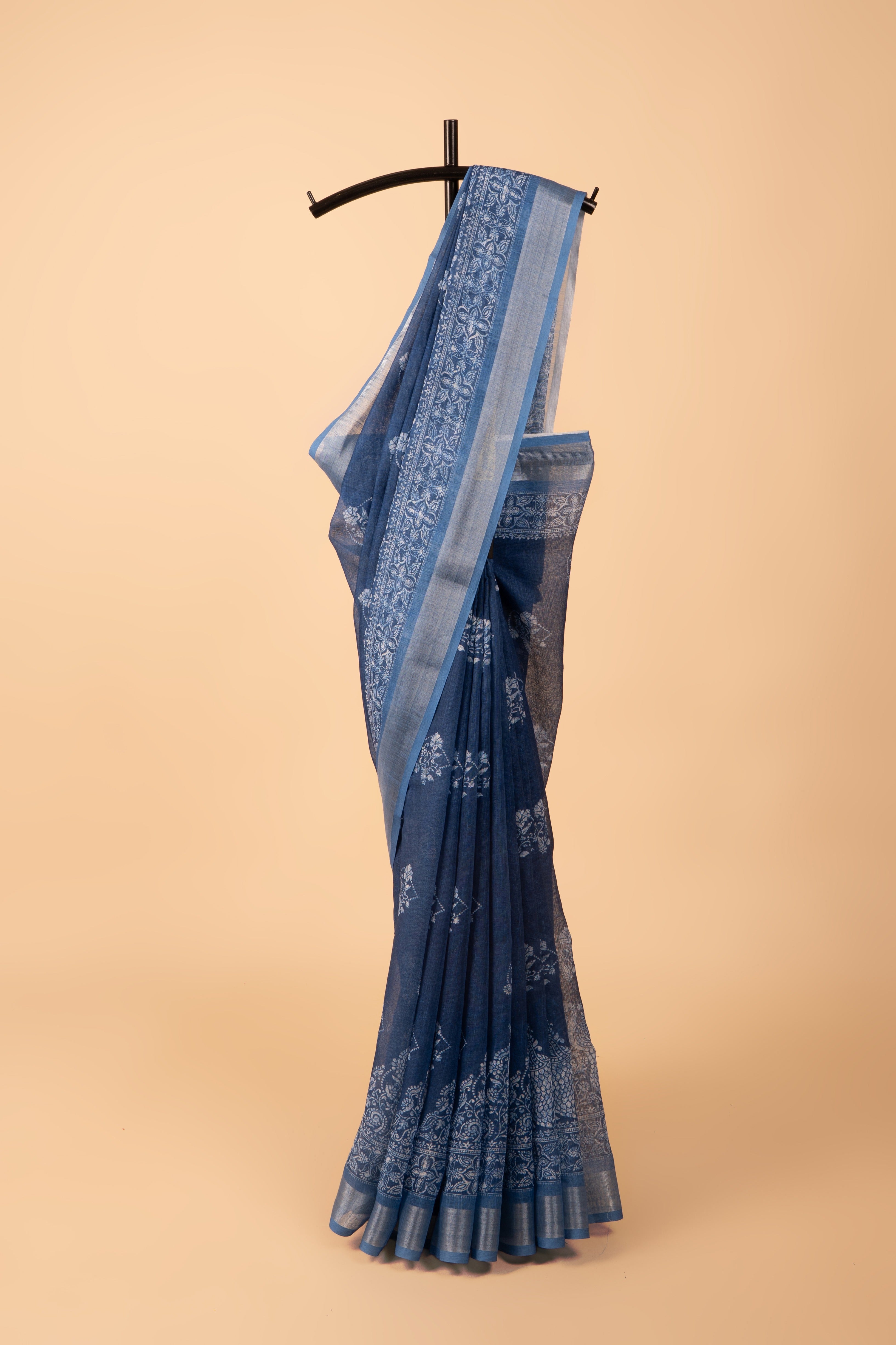 Blue Cotton Saree with Peacock Print