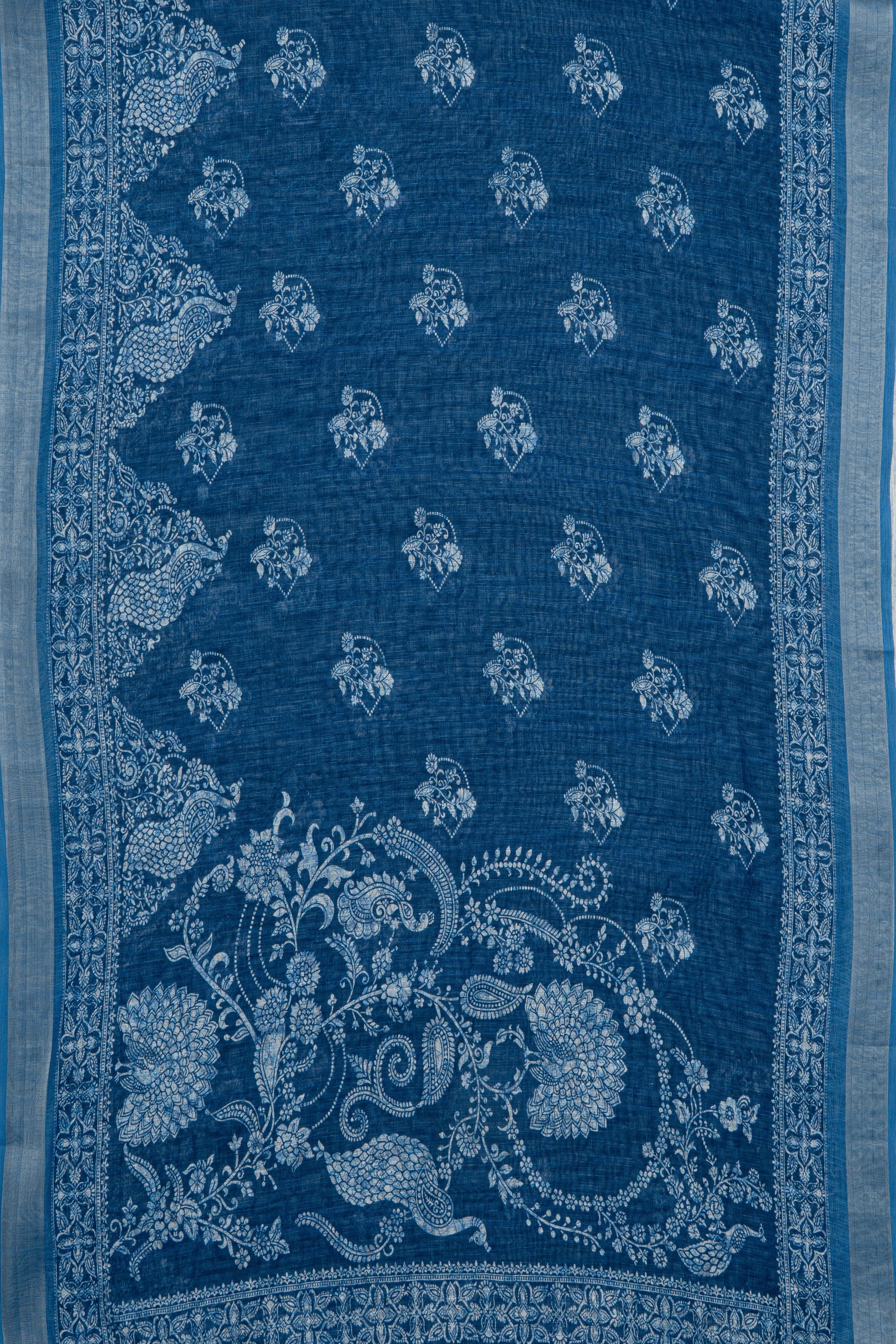 Blue Cotton Saree with Peacock Print