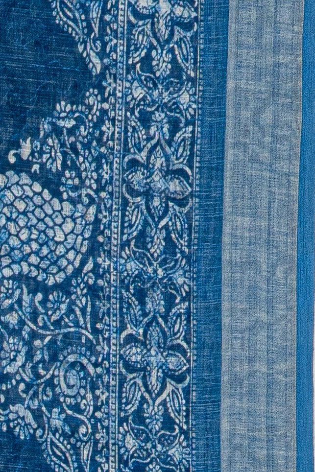 Blue Cotton Saree with Peacock Print