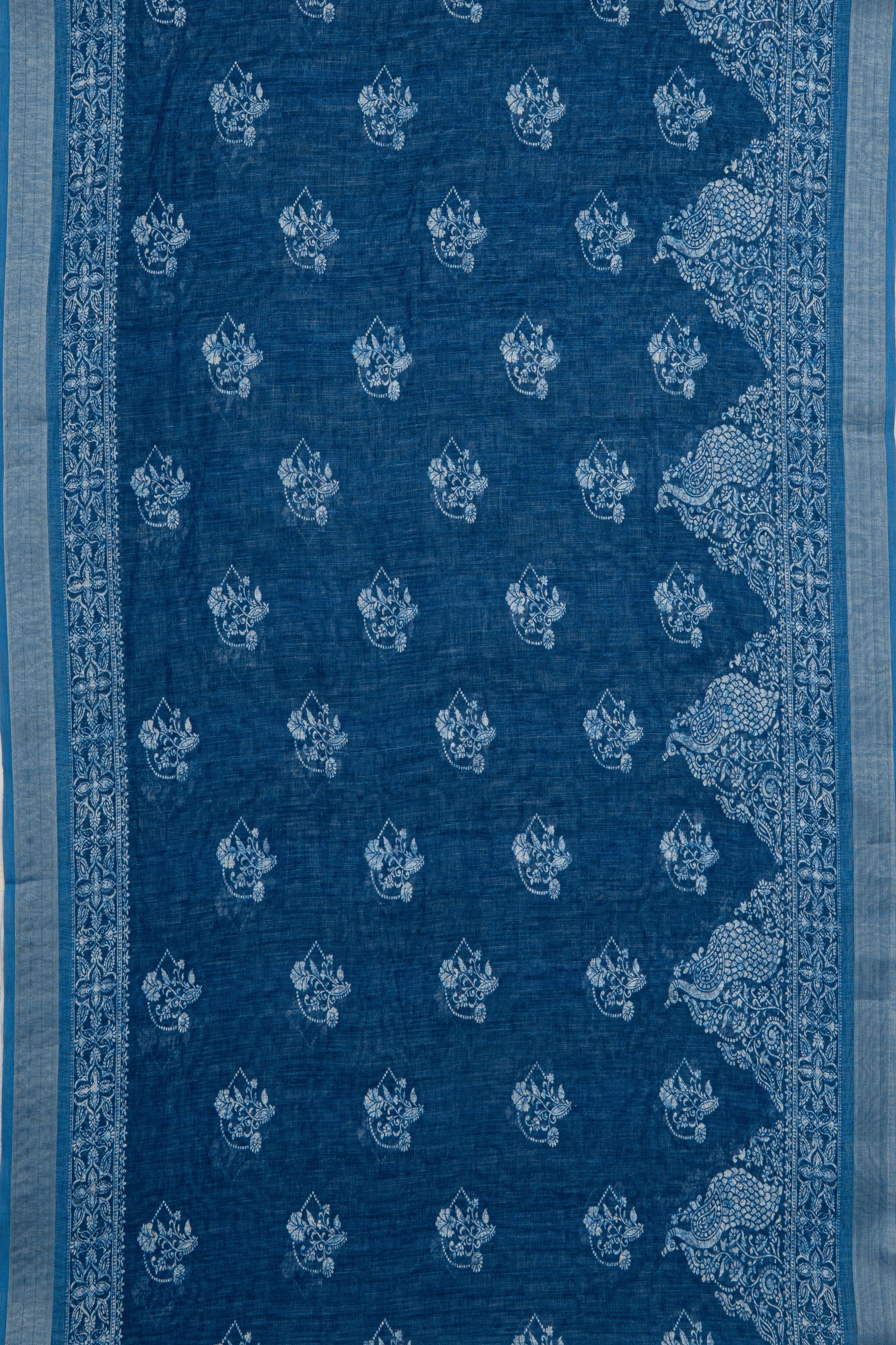 Blue Cotton Saree with Peacock Print