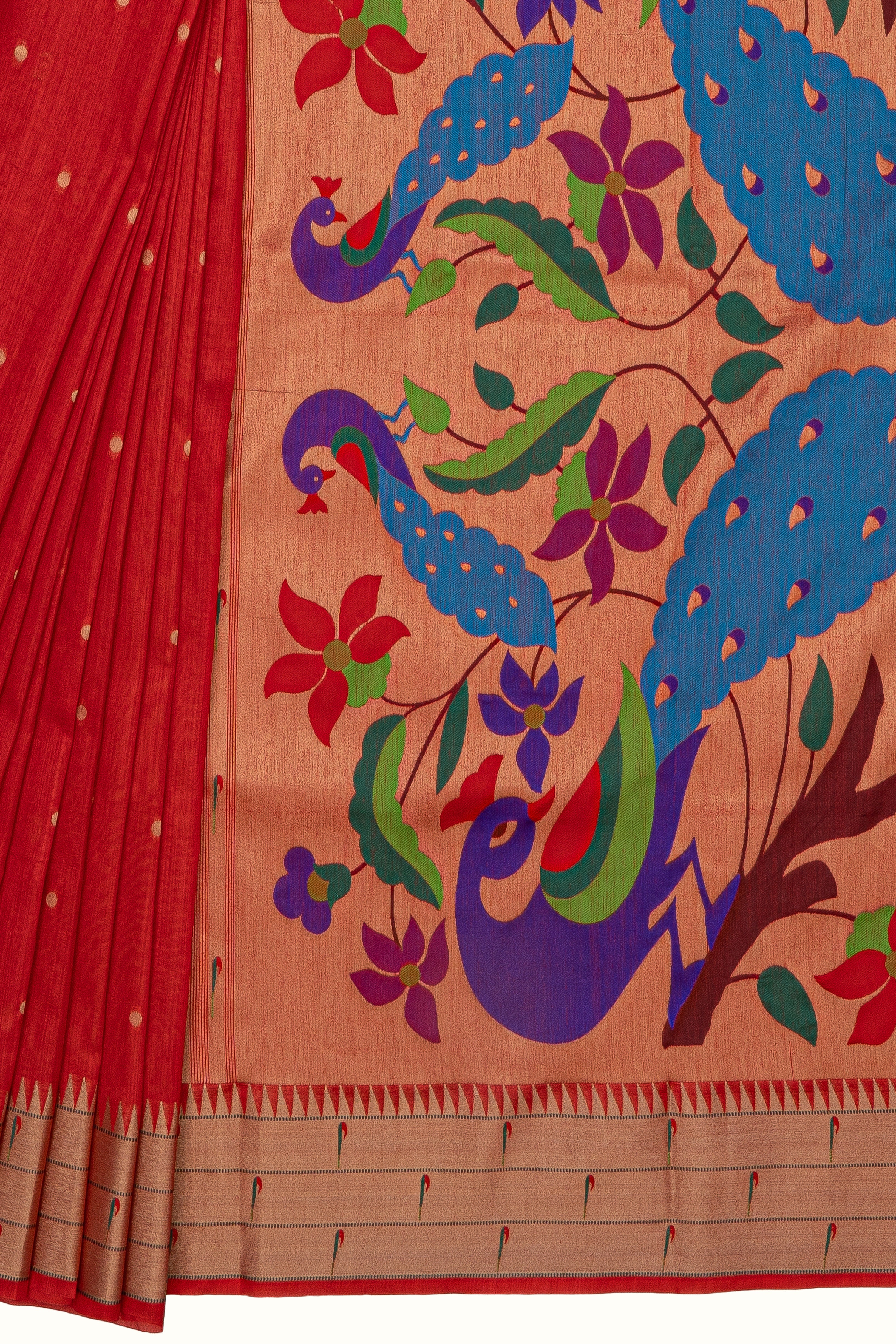 Red Tussar Silk Paithani Saree with Triple Munya border