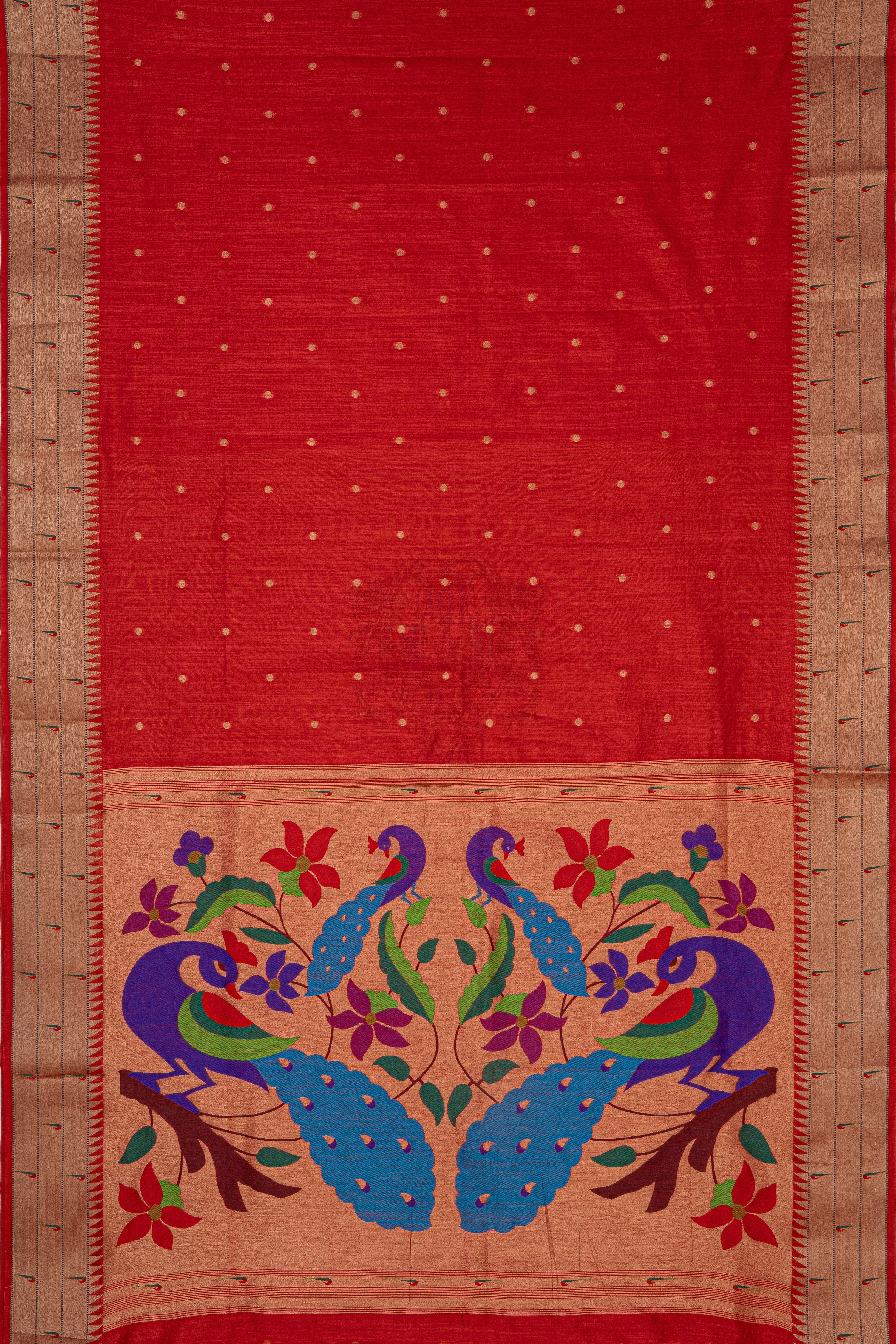 Red Tussar Silk Paithani Saree with Triple Munya border