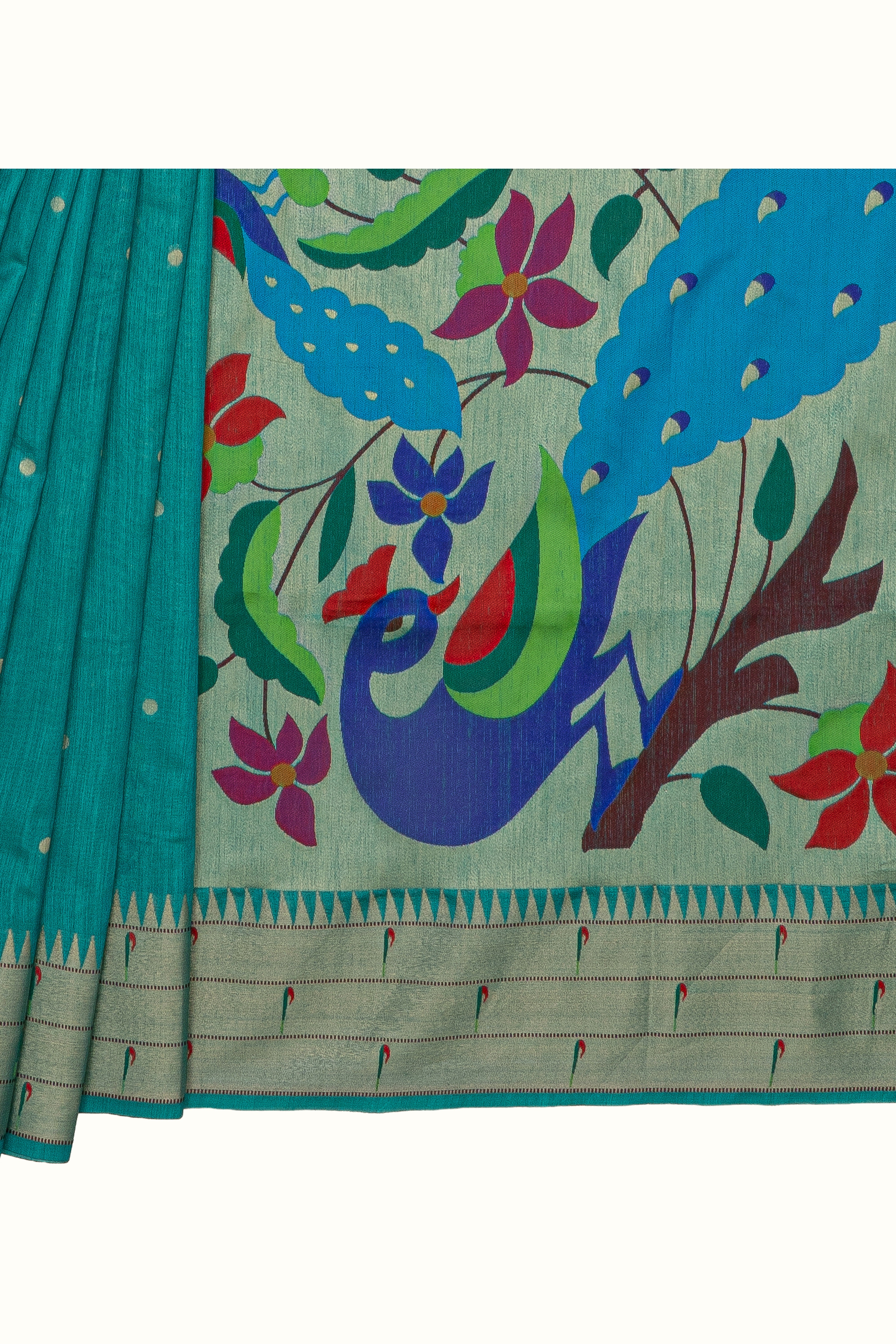 Sea Green Tussar Silk Paithani Saree with Triple Munya border