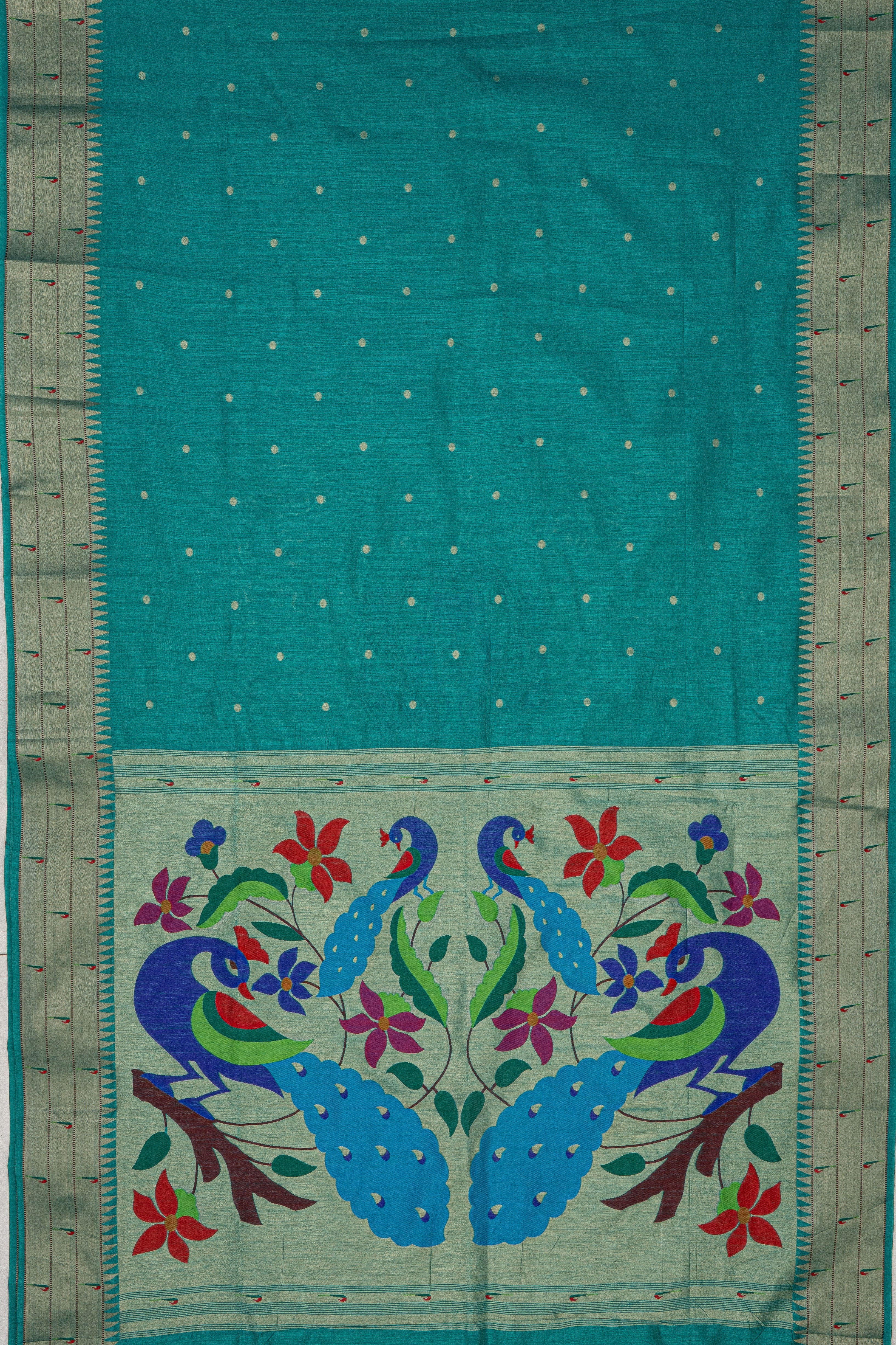 Sea Green Tussar Silk Paithani Saree with Triple Munya border