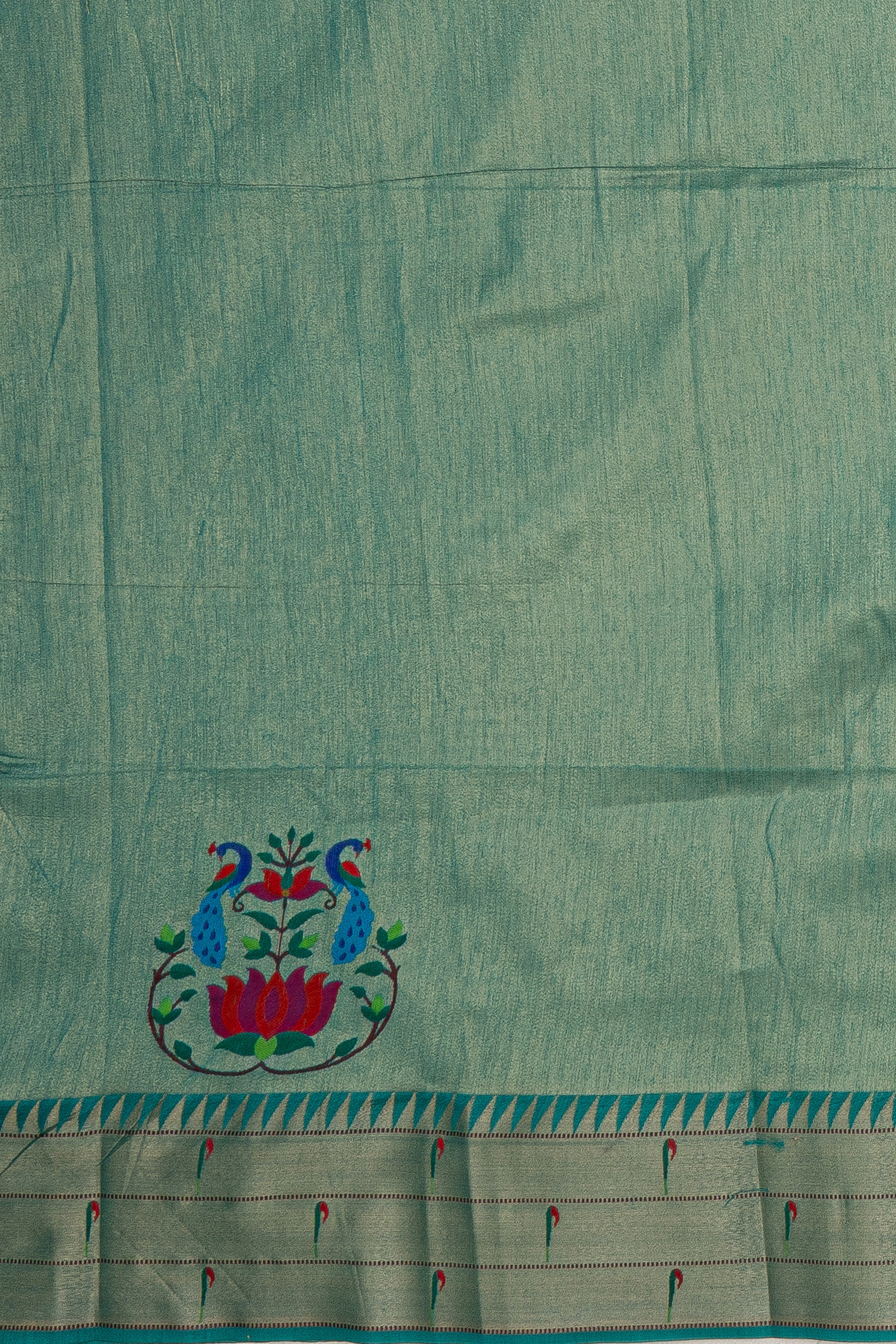 Sea Green Tussar Silk Paithani Saree with Triple Munya border