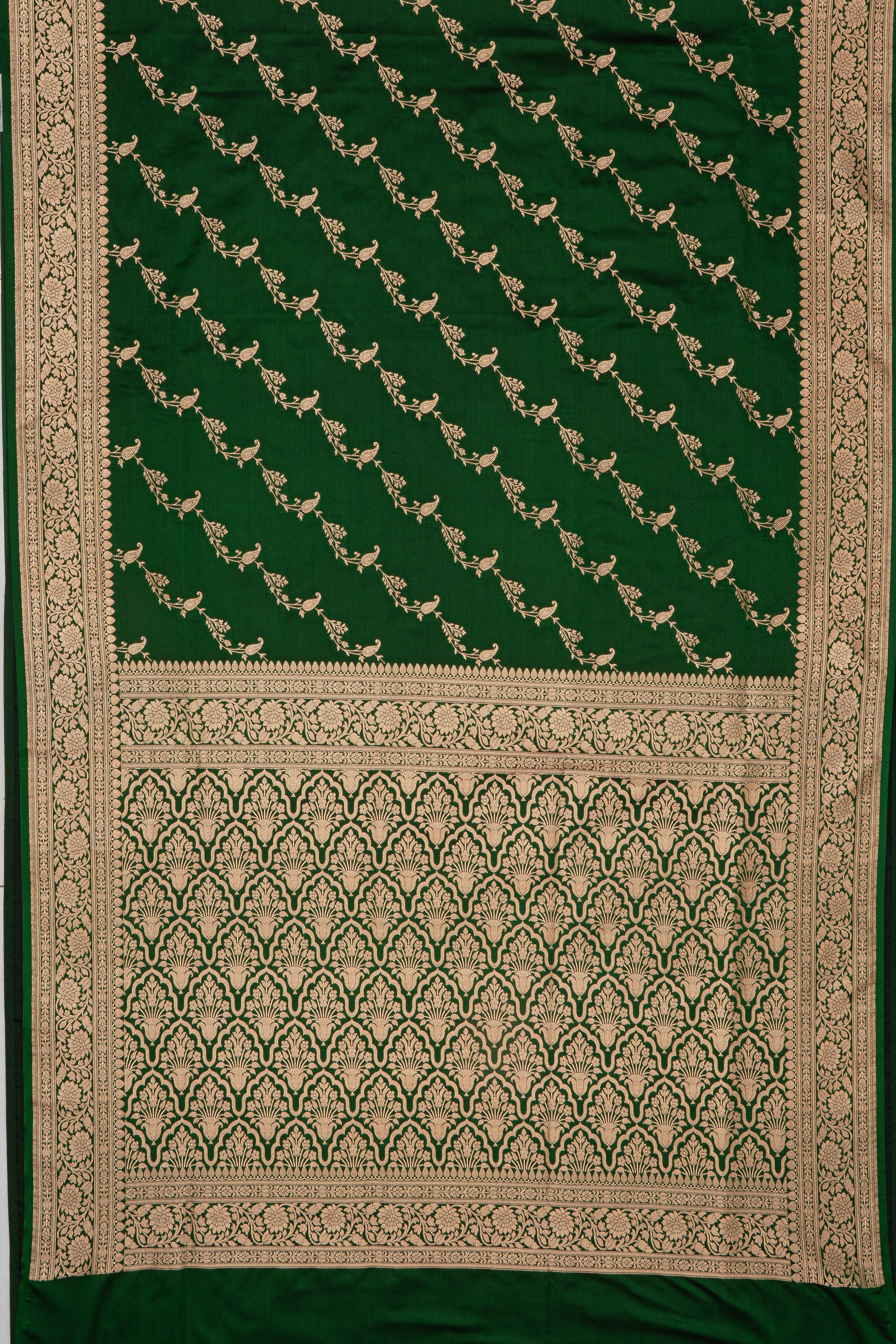 Bottle Green Soft Silk Banarasi Saree with Jaal pattern