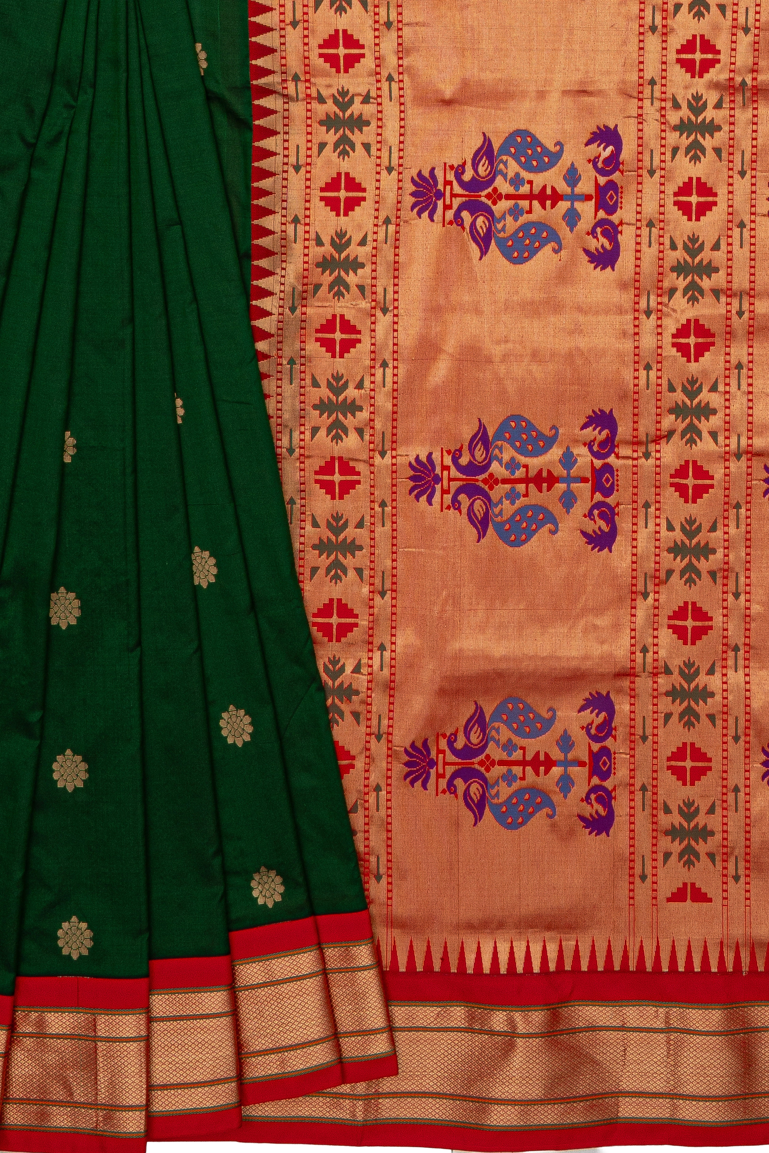 Bottle Green Pure Silk Kadiyal Paithani Saree