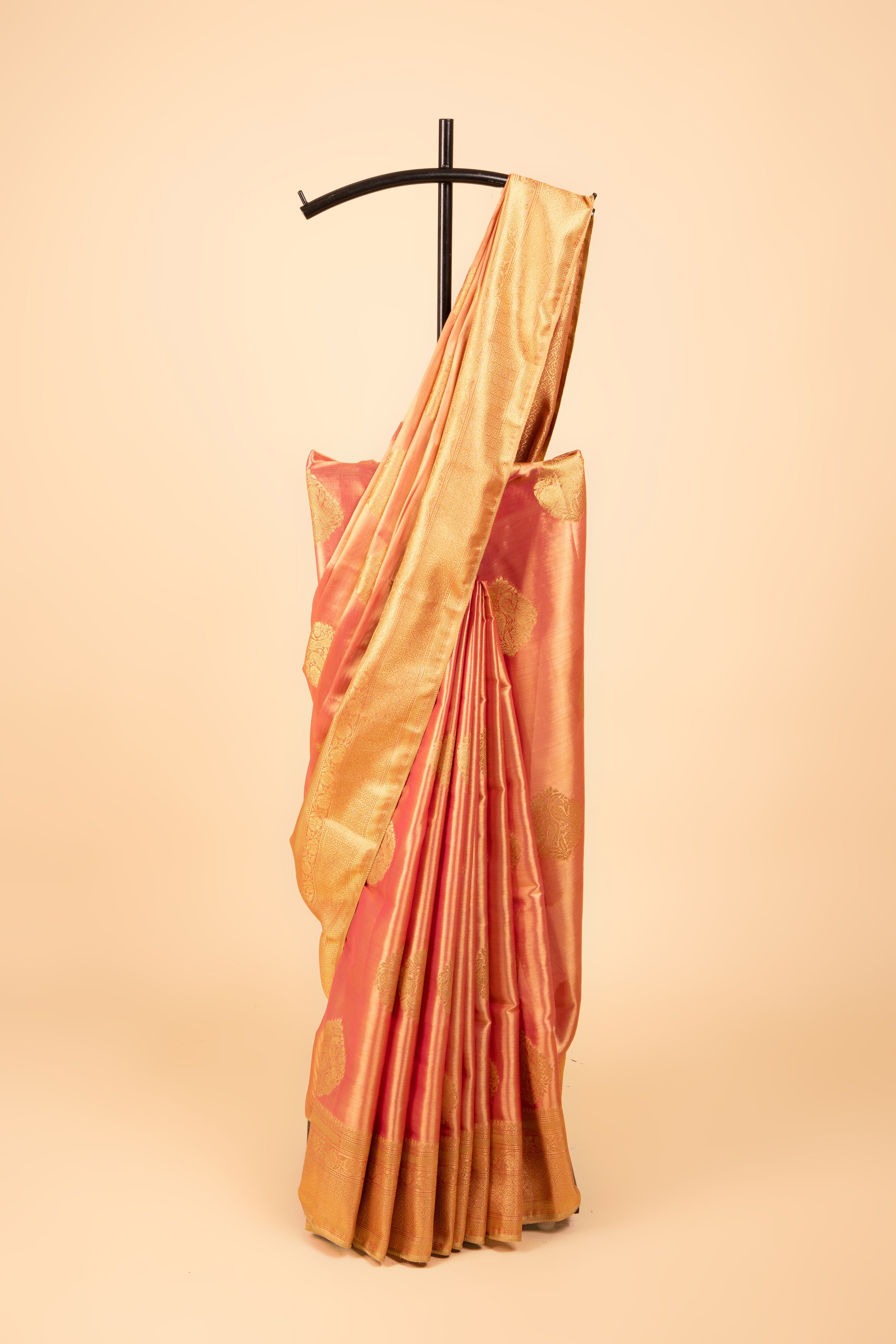 Rose Gold Tissue Silk Saree with Gold Zari motifs