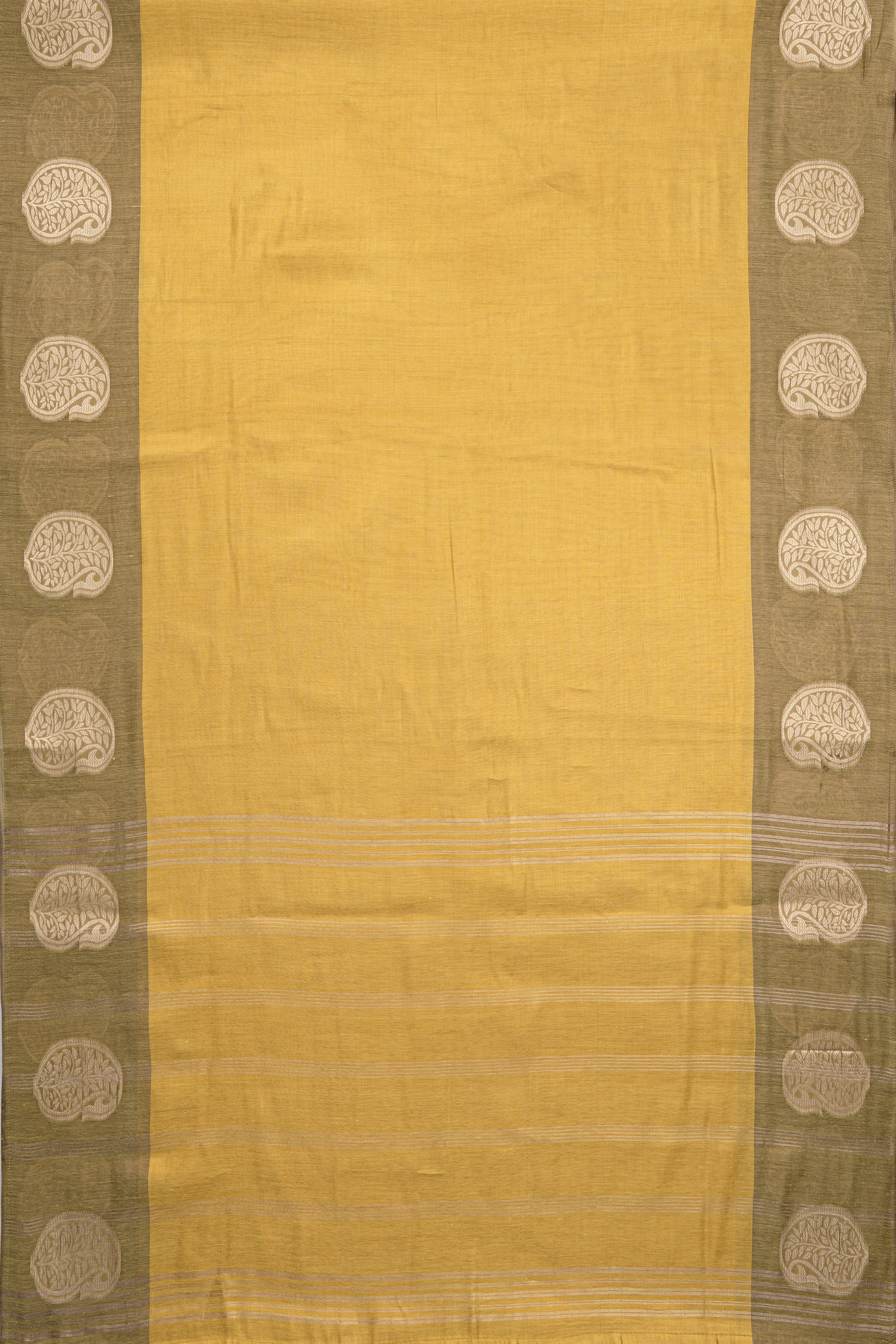 Gold Silk Saree with contrast Olive Green border