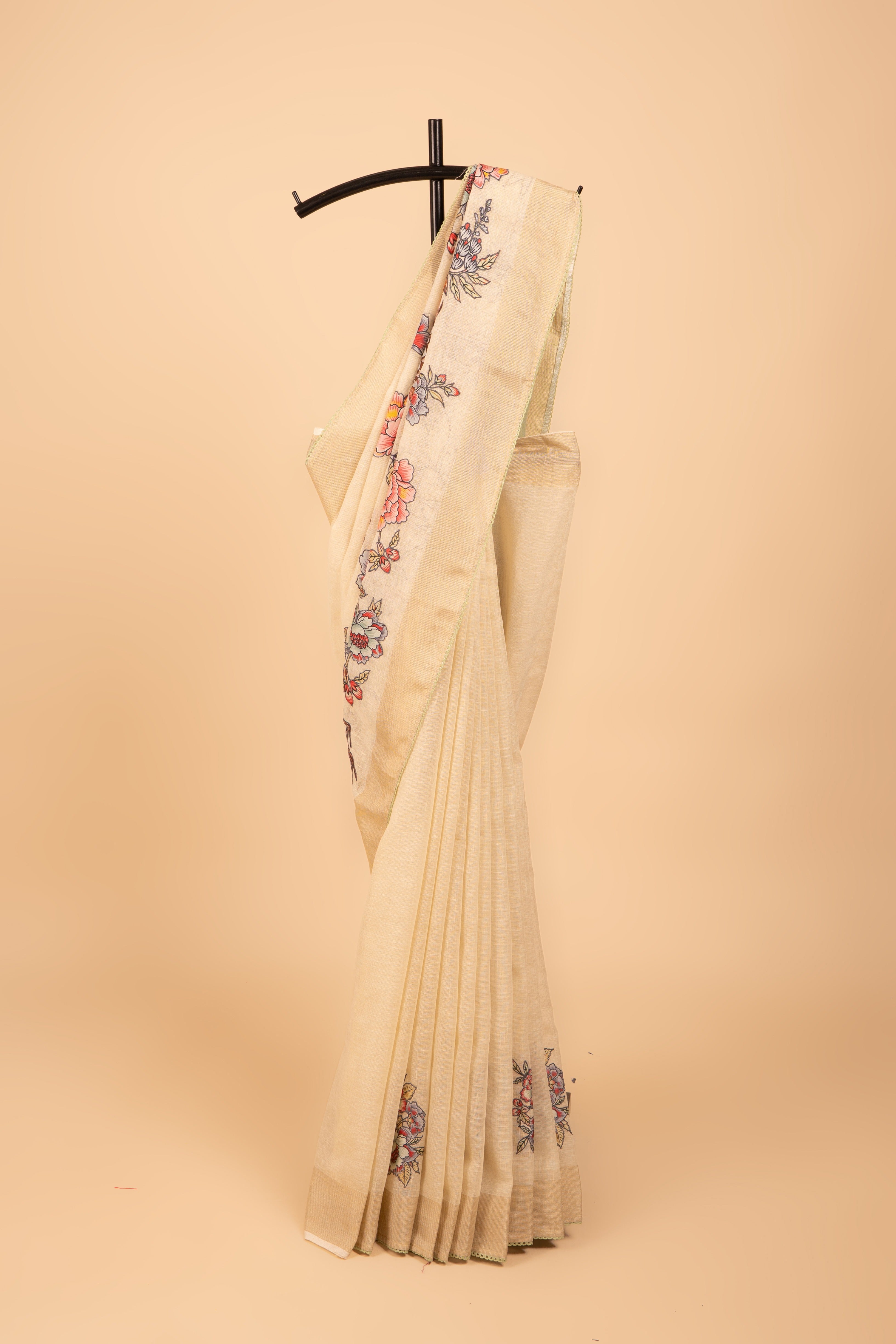Beige Jute Silk Saree with Floral Patchwork and Green contrast