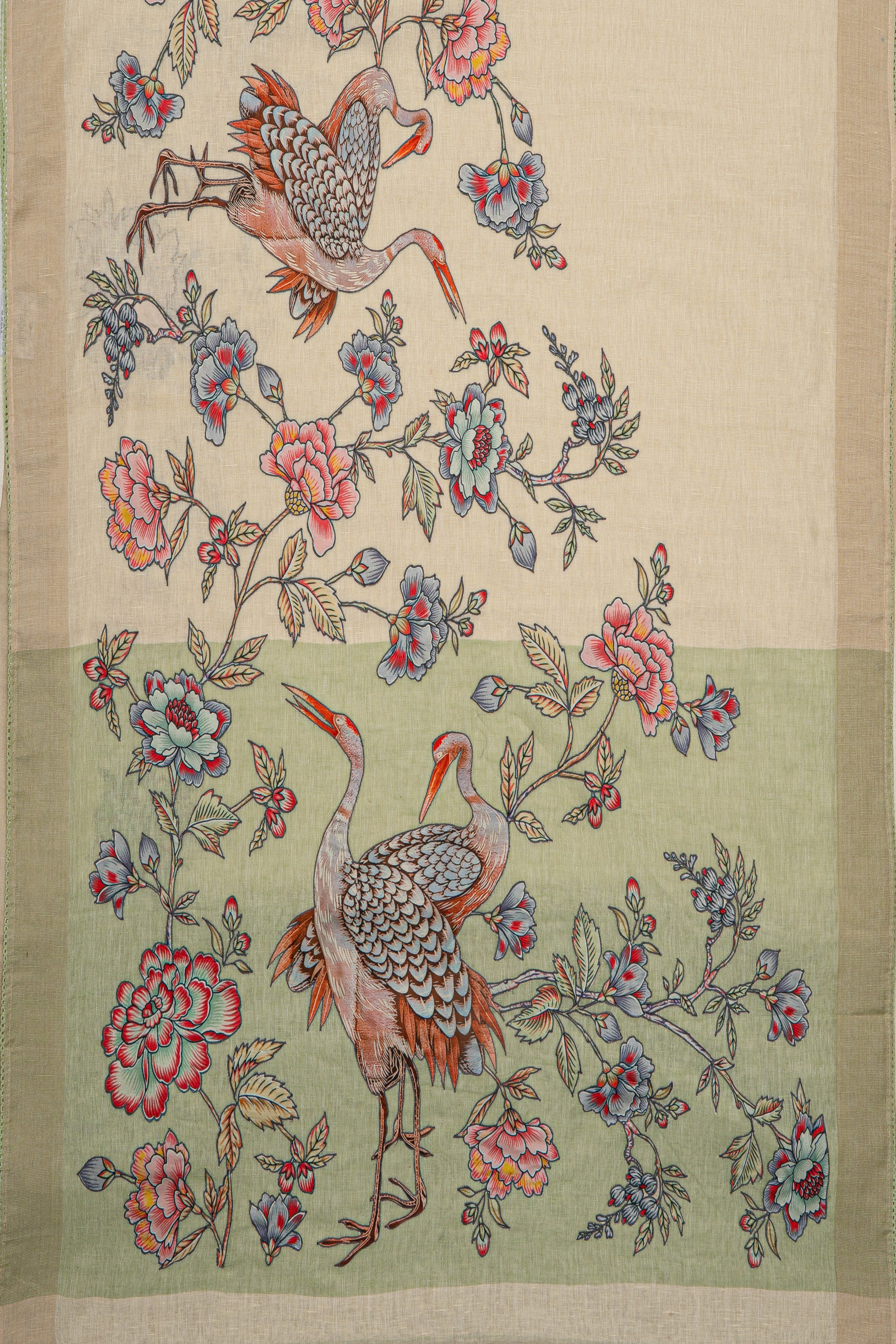 Beige Jute Silk Saree with Floral Patchwork and Green contrast