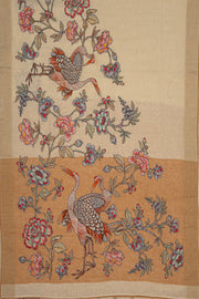 Beige Jute Silk Saree with Floral Patchwork and Brown contrast