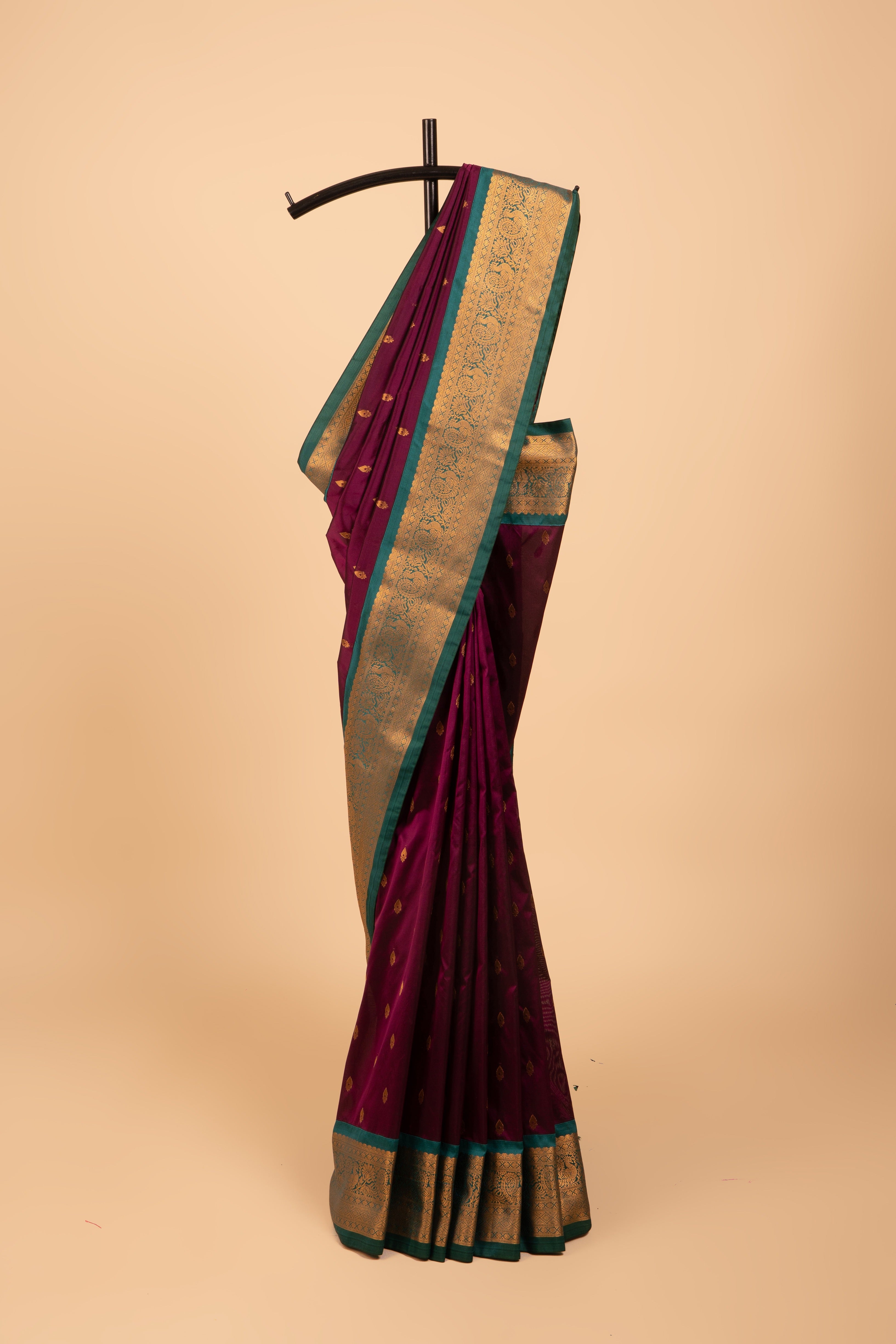 Wine Apurva Silk Paithani Saree with Peacock Green border