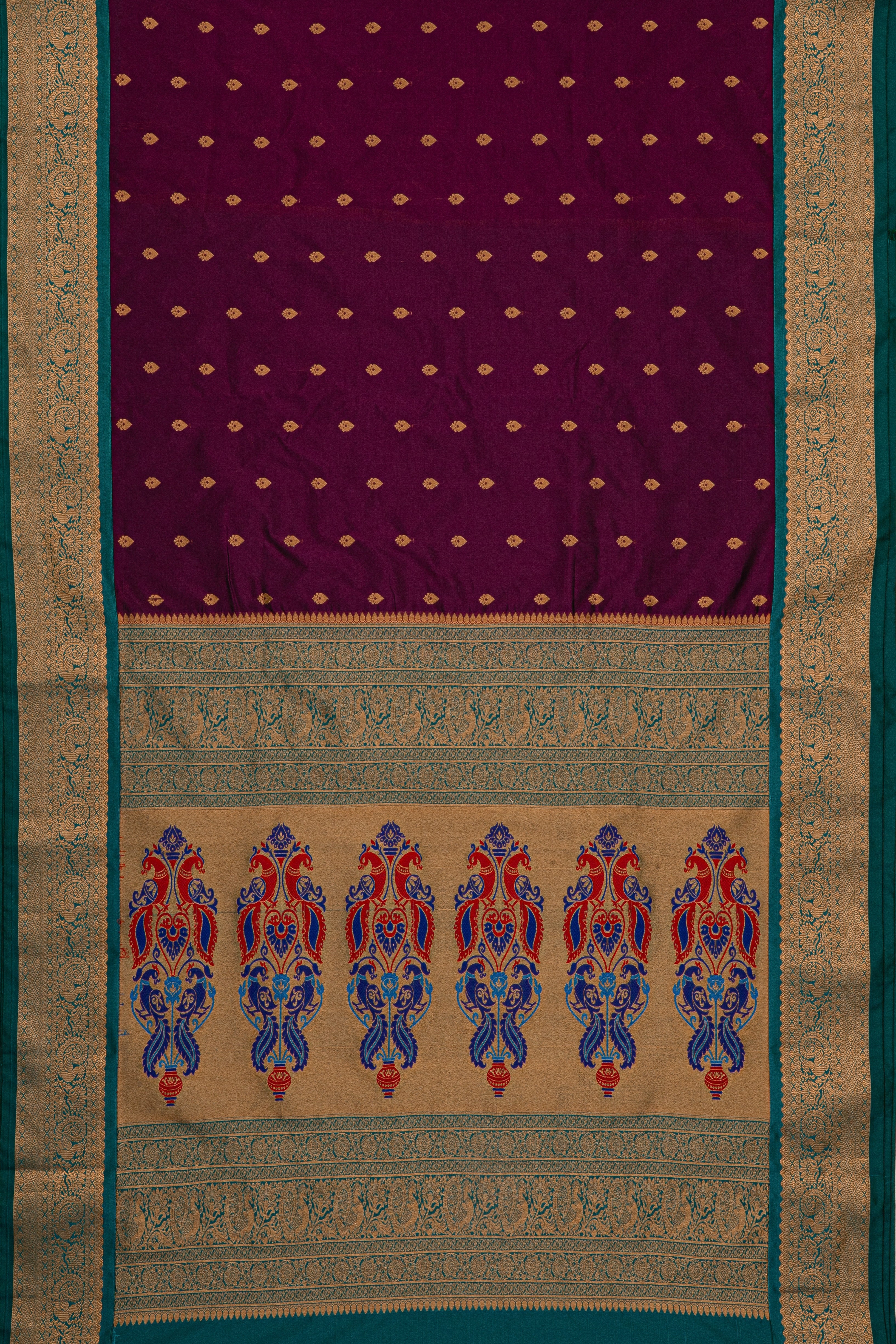 Wine Apurva Silk Paithani Saree with Peacock Green border