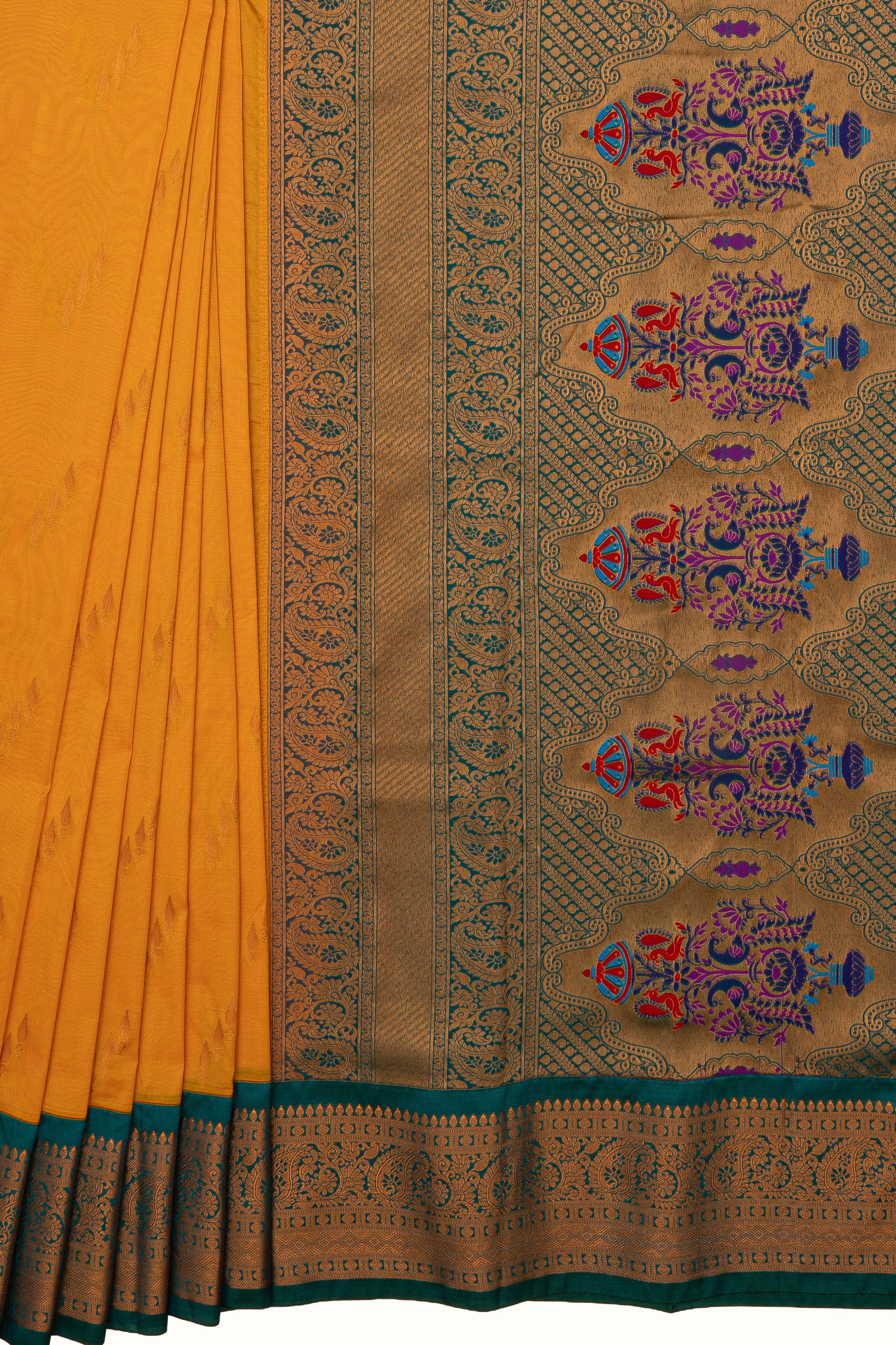 Mustard Yellow Apurva Silk Paithani Saree with Peacock Green border