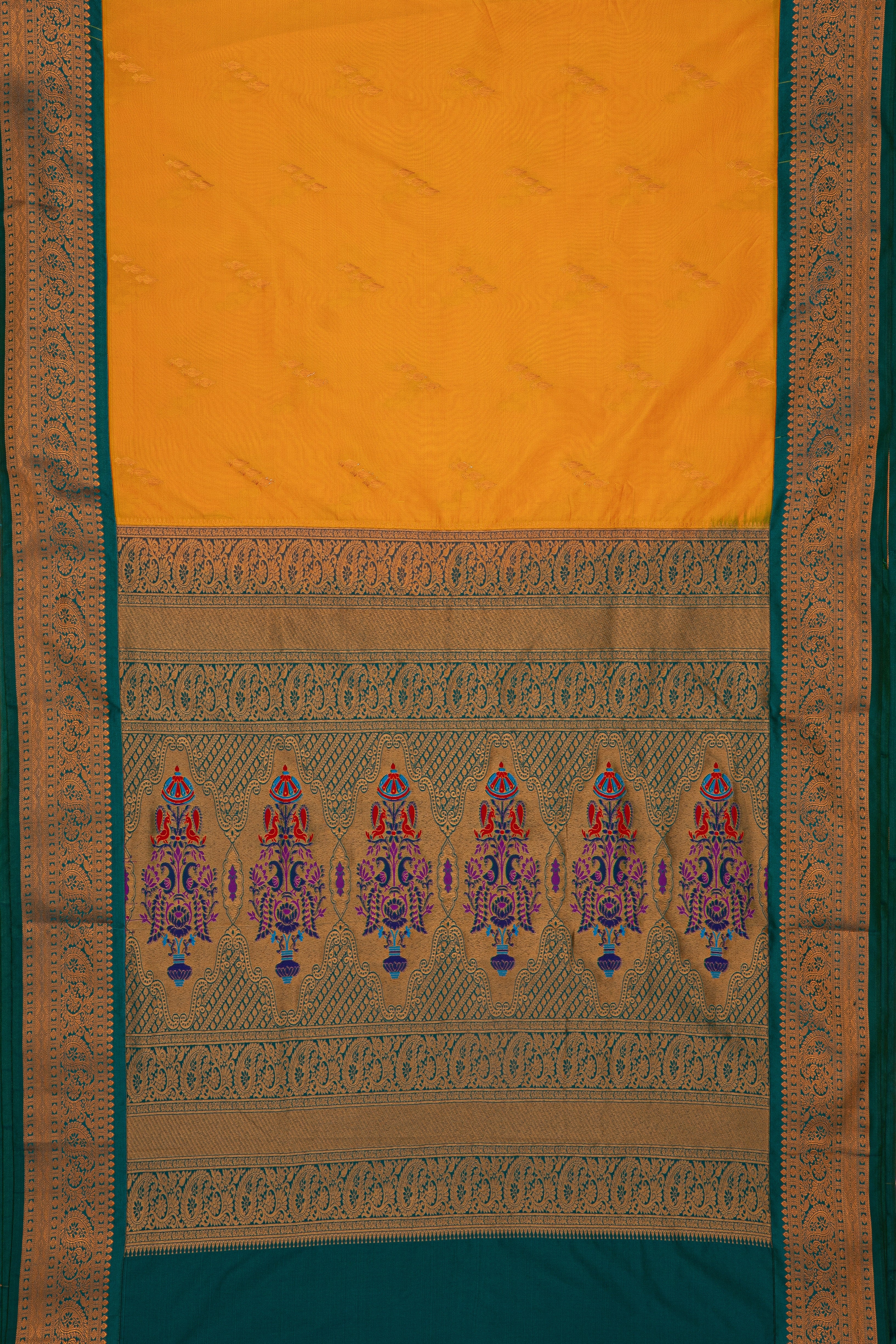 Mustard Yellow Apurva Silk Paithani Saree with Peacock Green border