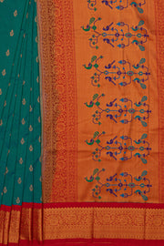 Peacock Blue Apurva Silk Paithani Saree with contrast Red border