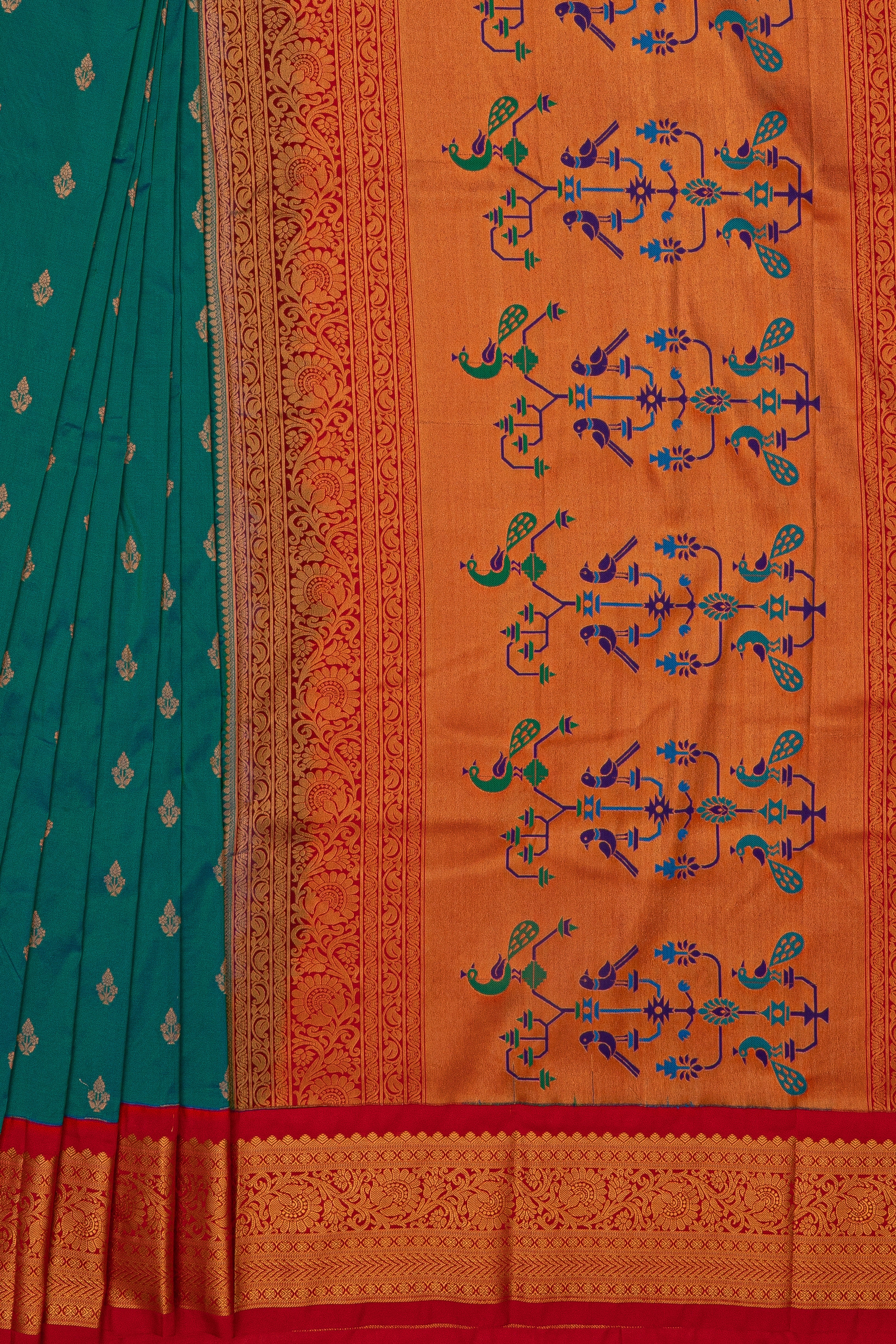 Peacock Blue Apurva Silk Paithani Saree with contrast Red border