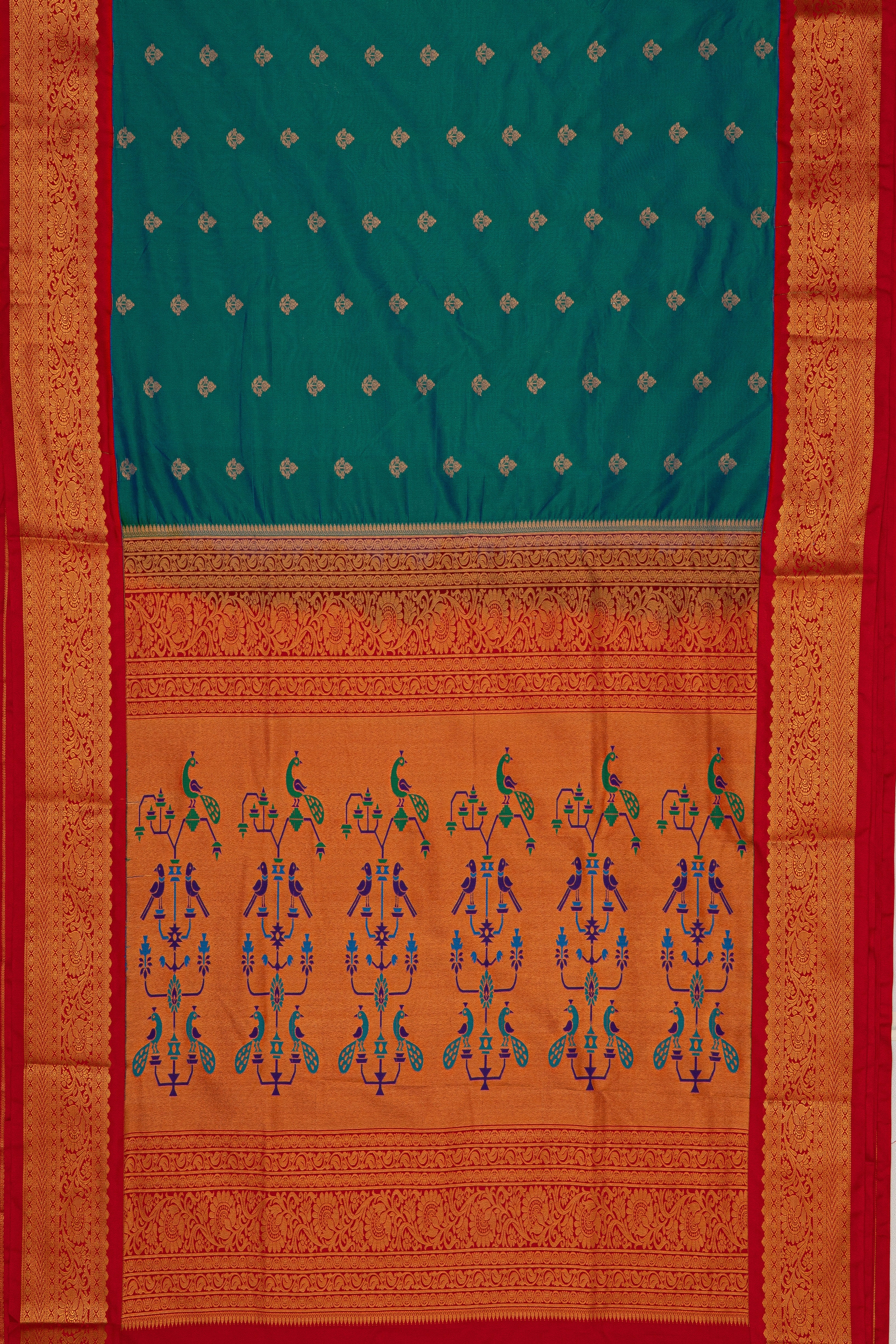 Peacock Blue Apurva Silk Paithani Saree with contrast Red border
