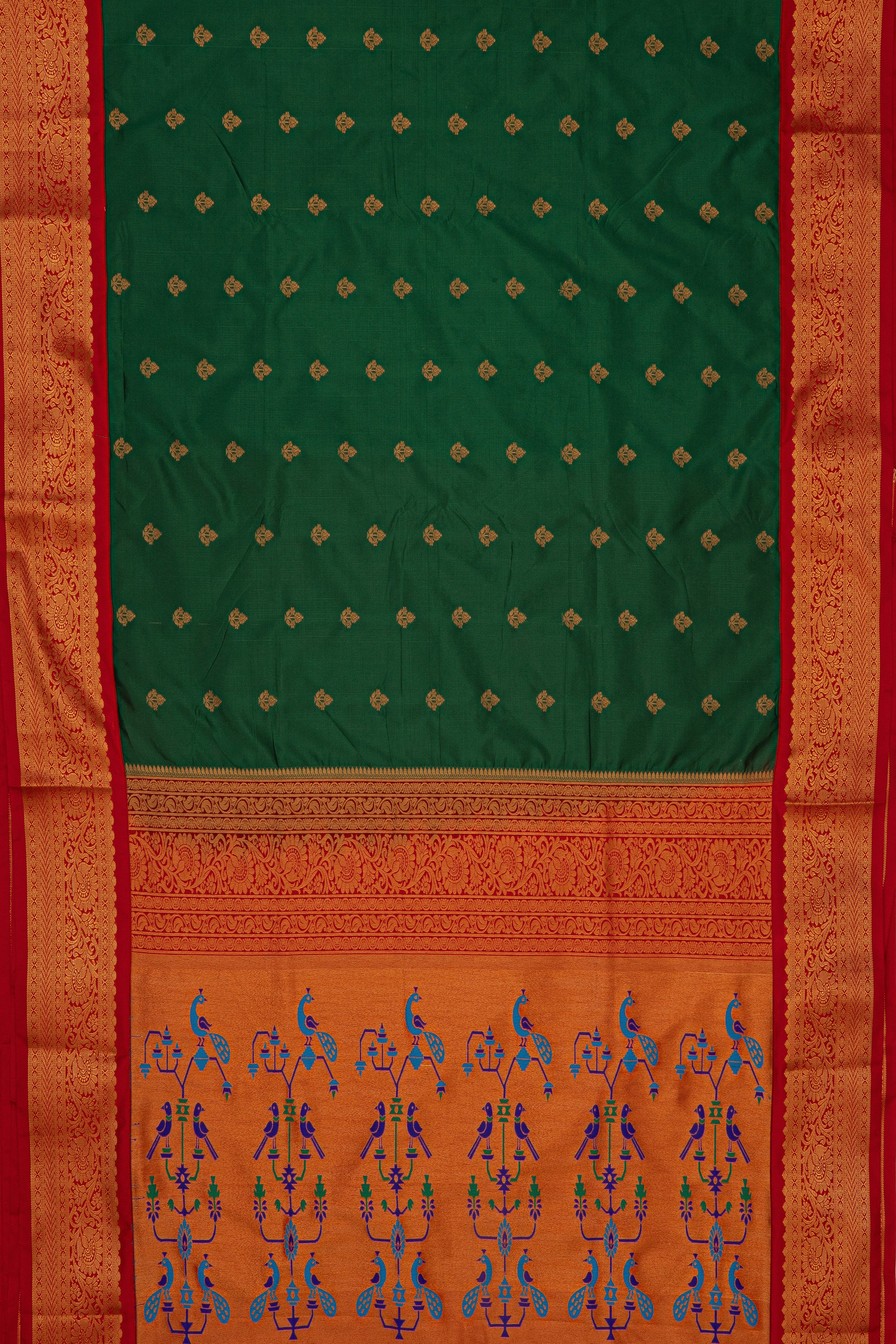 Bottle Green Apurva Silk Paithani Saree with contrast Red border