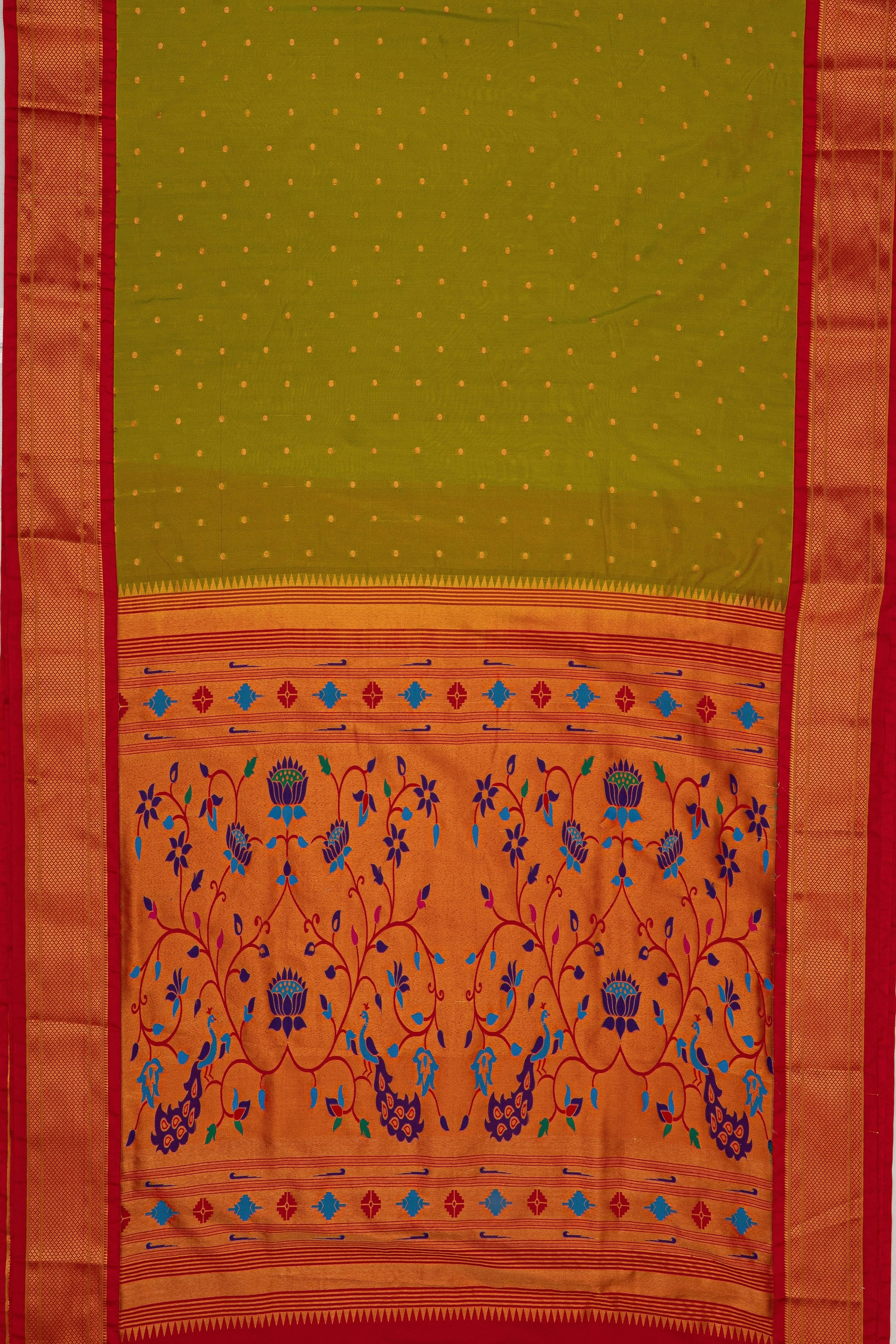 Lime Green Apurva Silk Paithani Saree with contrast Red border