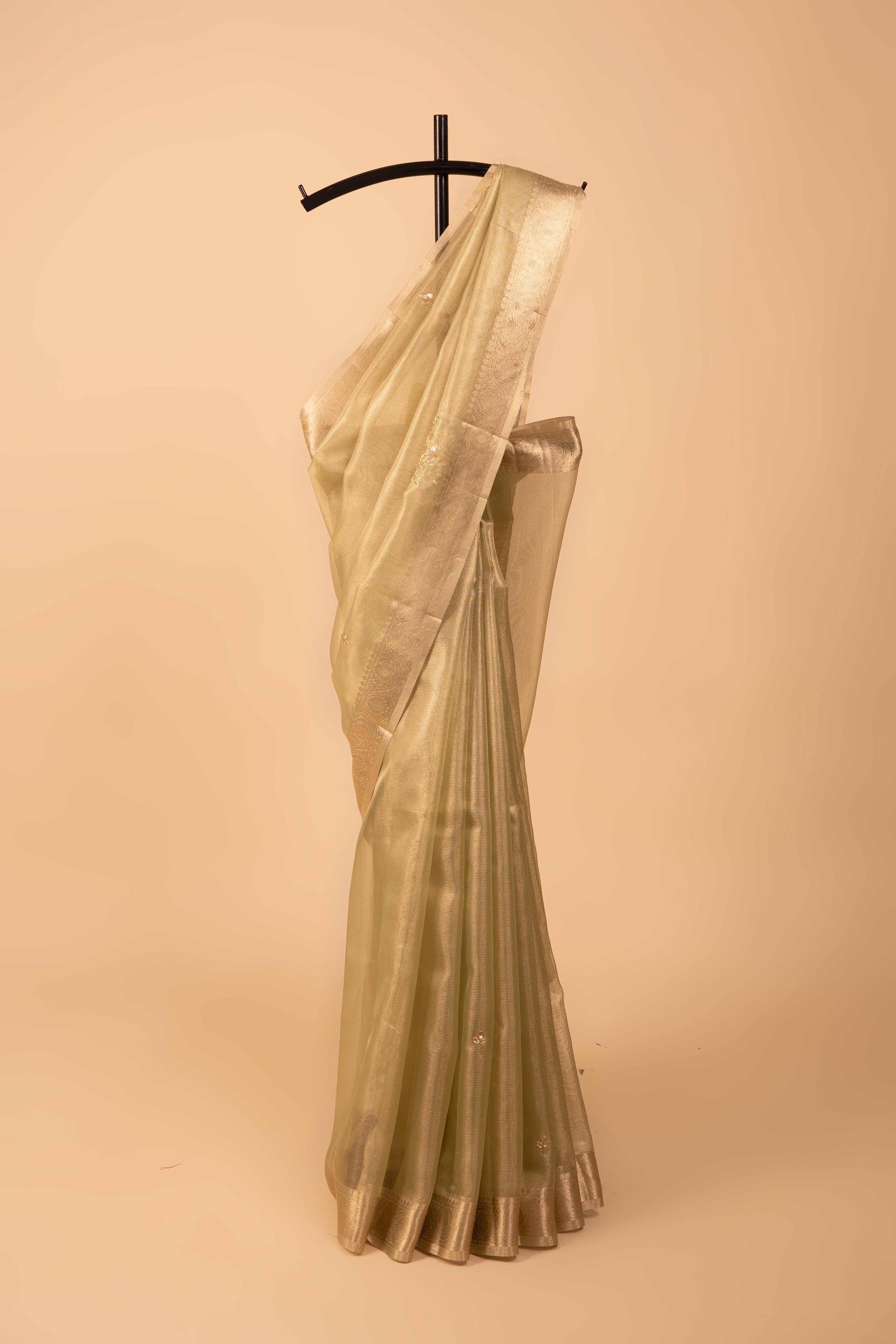 Pastel Green Tissue Silk Saree with Gota Patti Stonework