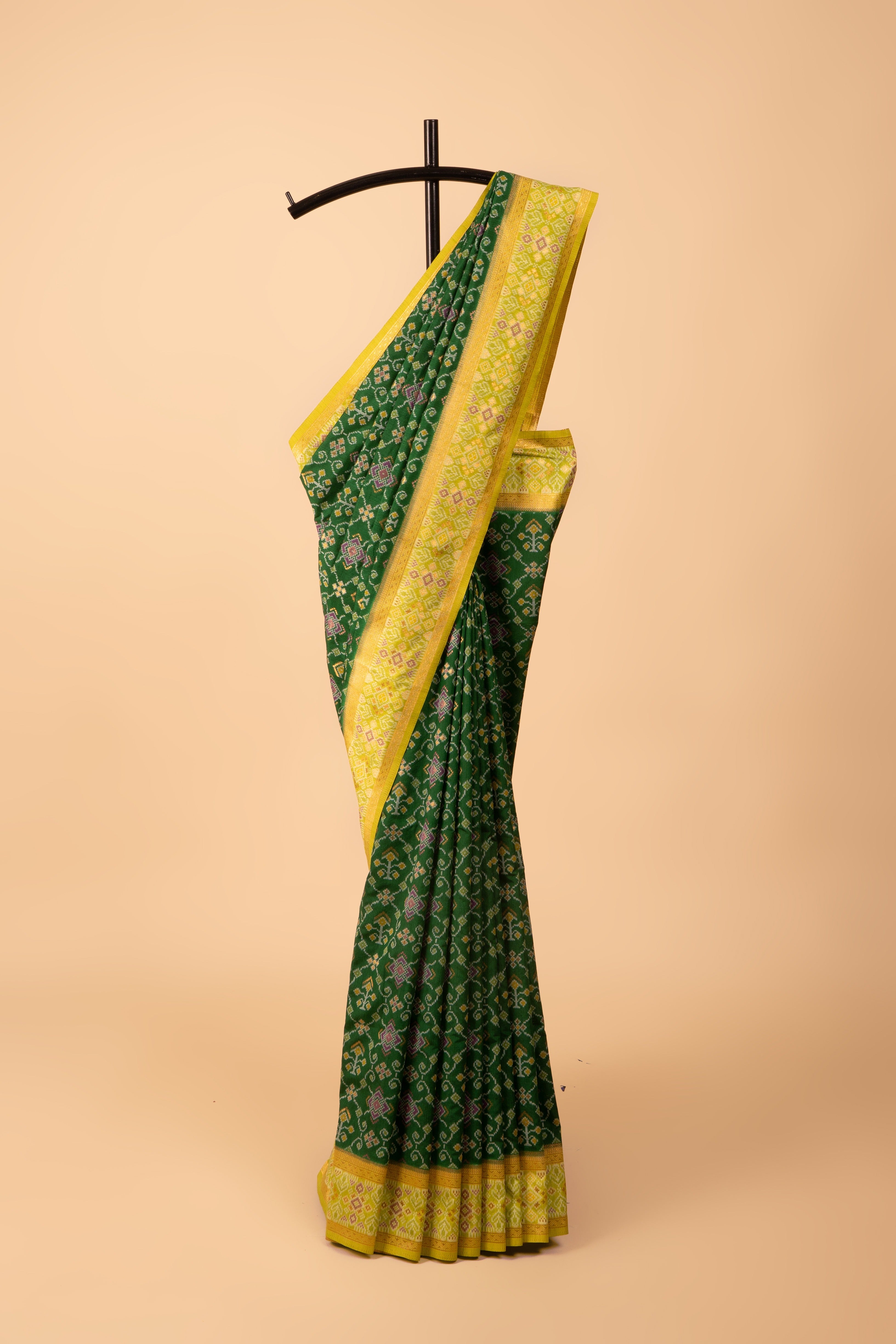 Dark Green Tussar Silk Patola Saree with contrast Lime Green border