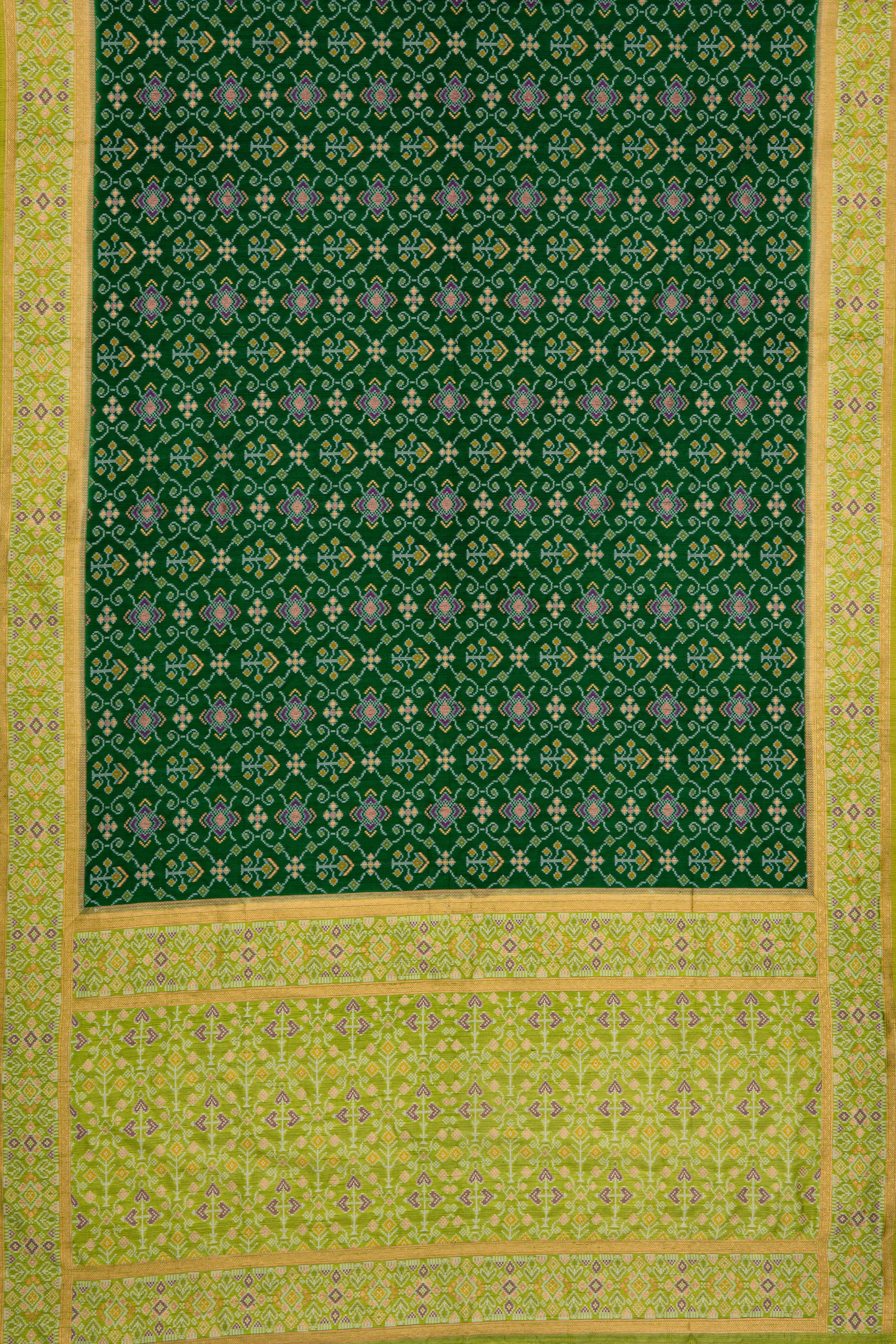 Dark Green Tussar Silk Patola Saree with contrast Lime Green border