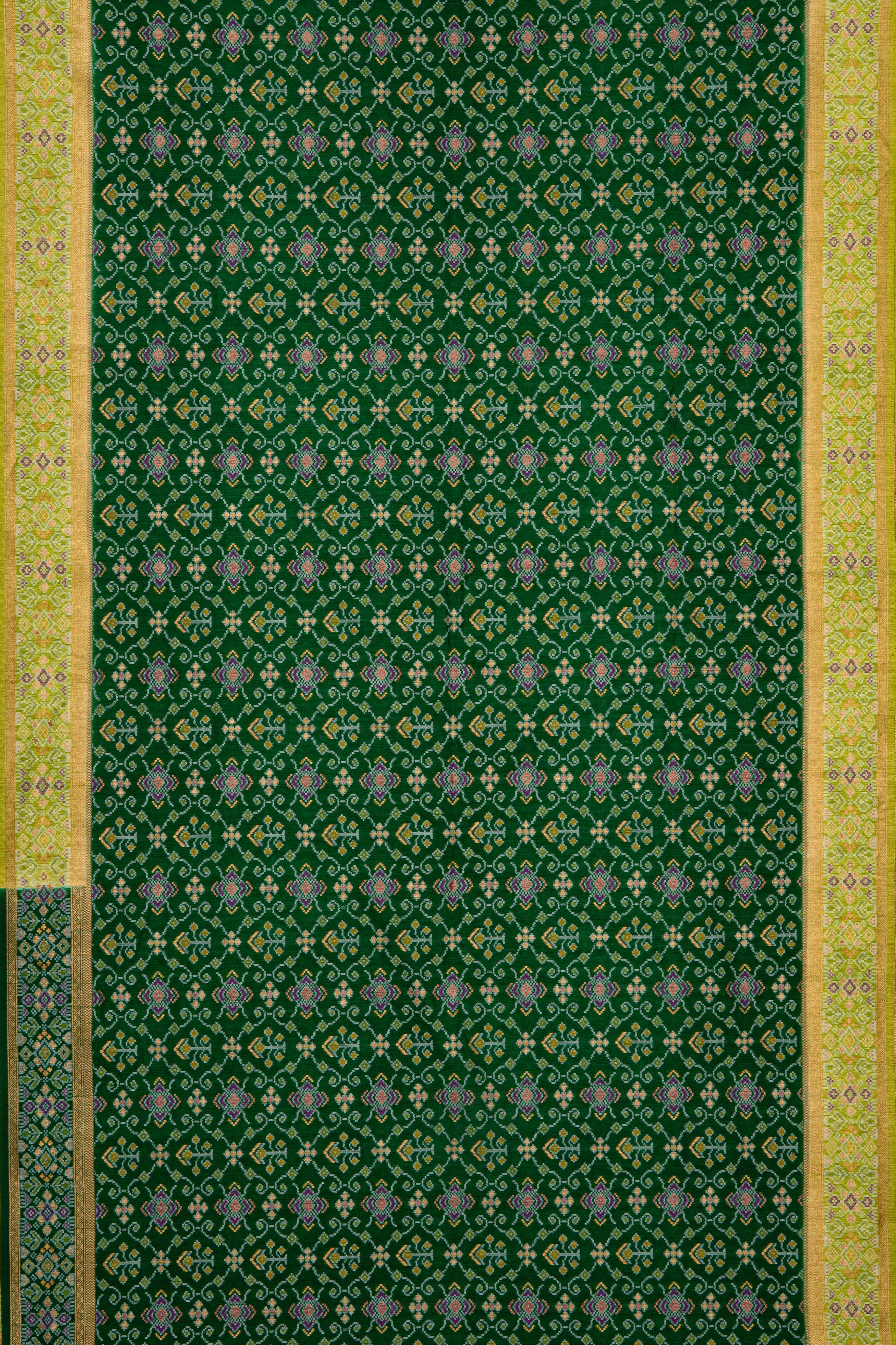 Dark Green Tussar Silk Patola Saree with contrast Lime Green border