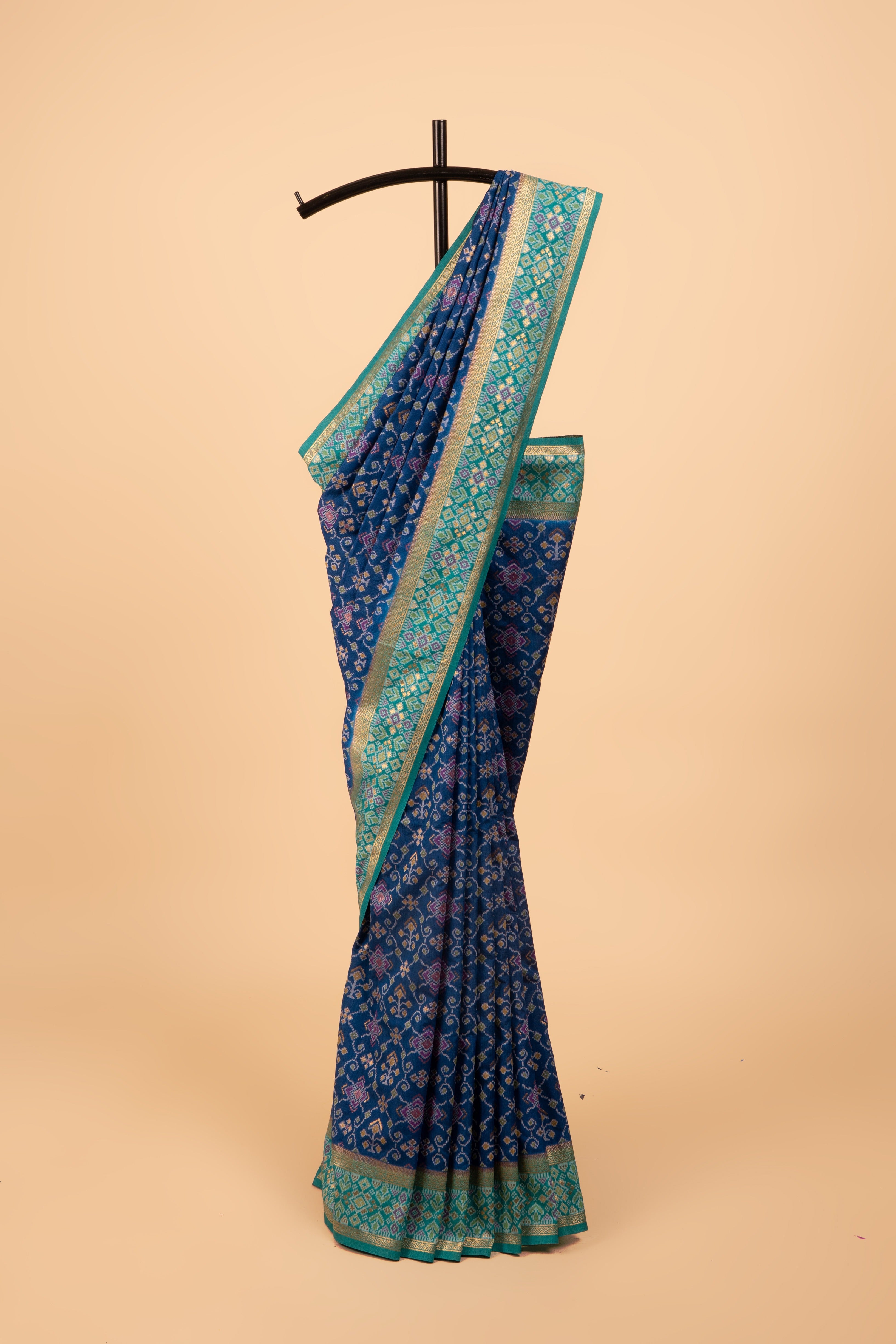 Royal Blue Tussar Silk Patola Saree with contrast Sea Green border