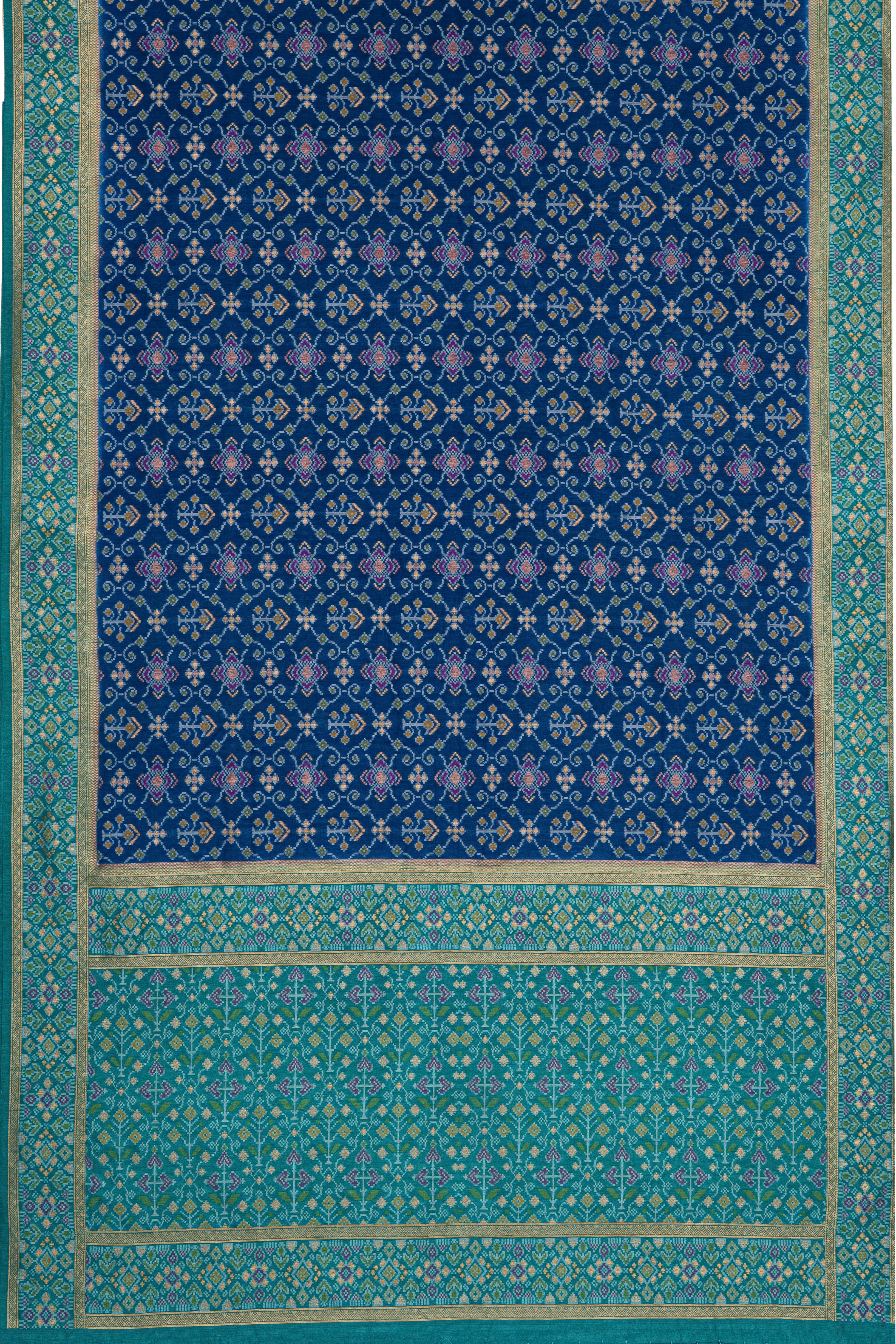 Royal Blue Tussar Silk Patola Saree with contrast Sea Green border
