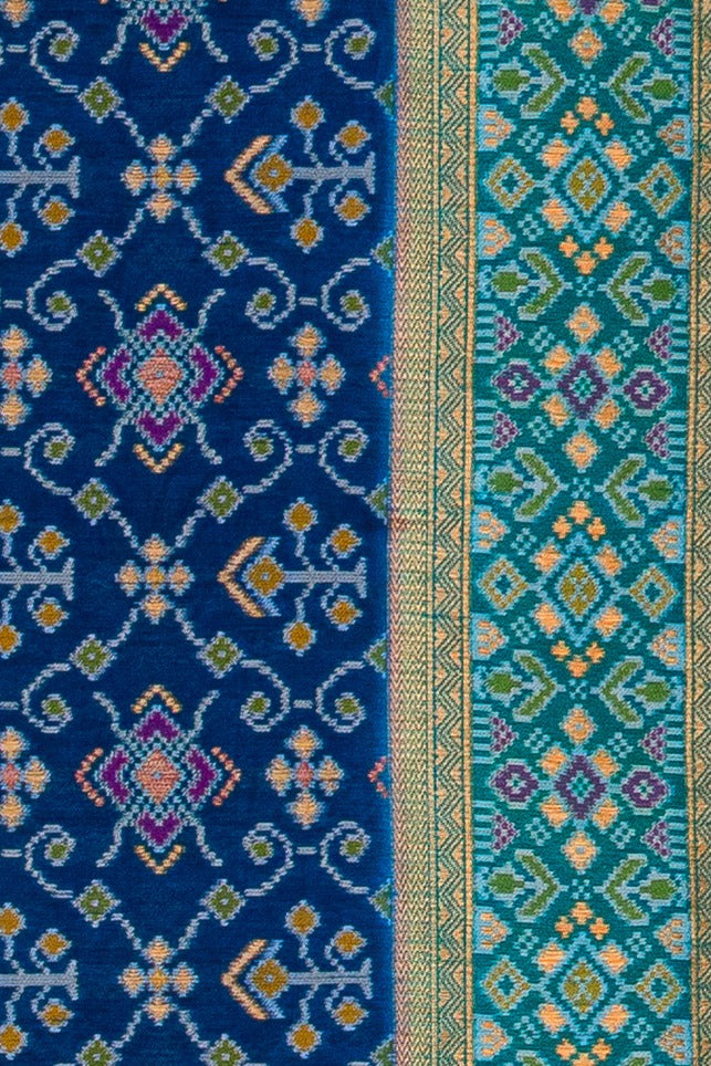 Royal Blue Tussar Silk Patola Saree with contrast Sea Green border