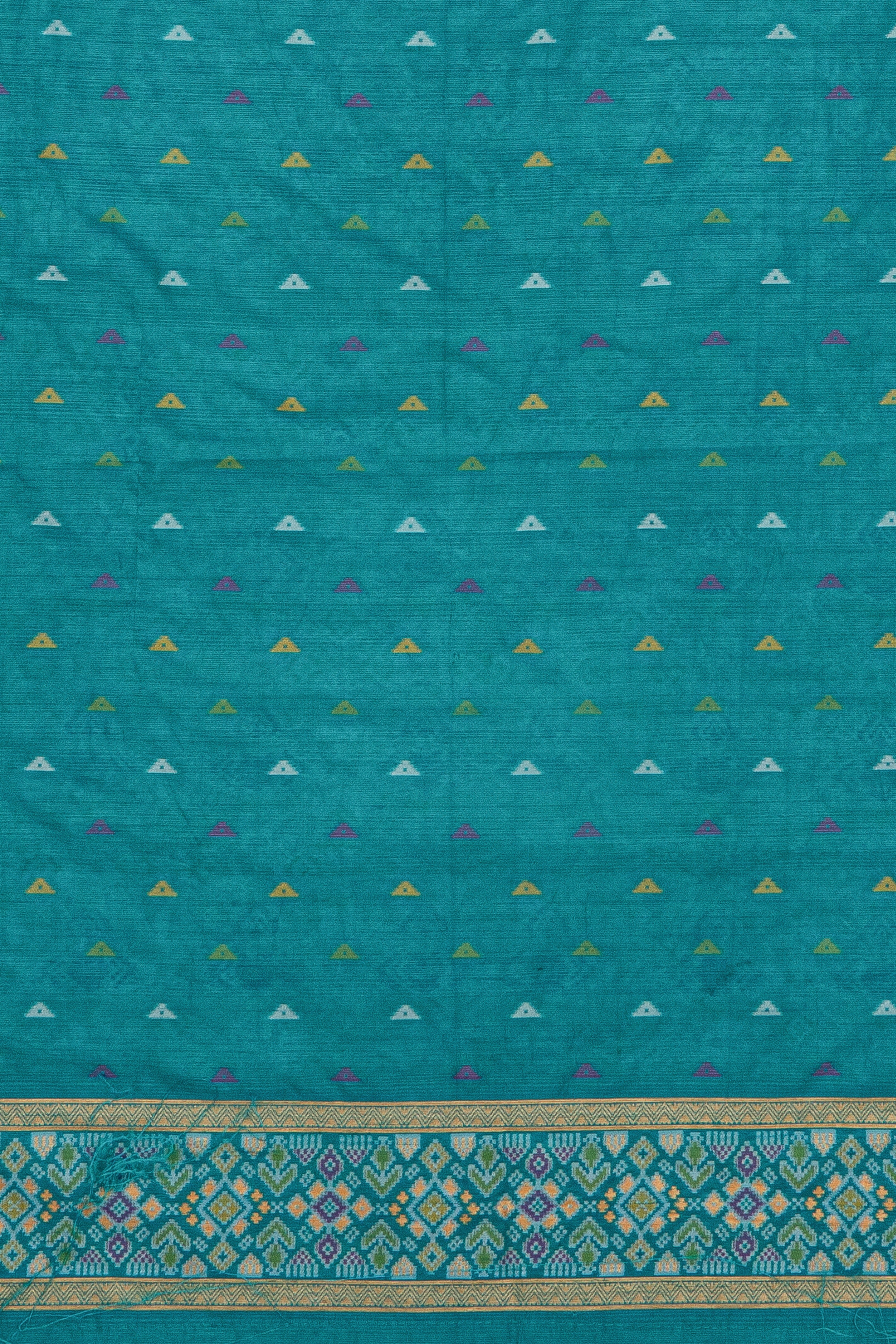Royal Blue Tussar Silk Patola Saree with contrast Sea Green border