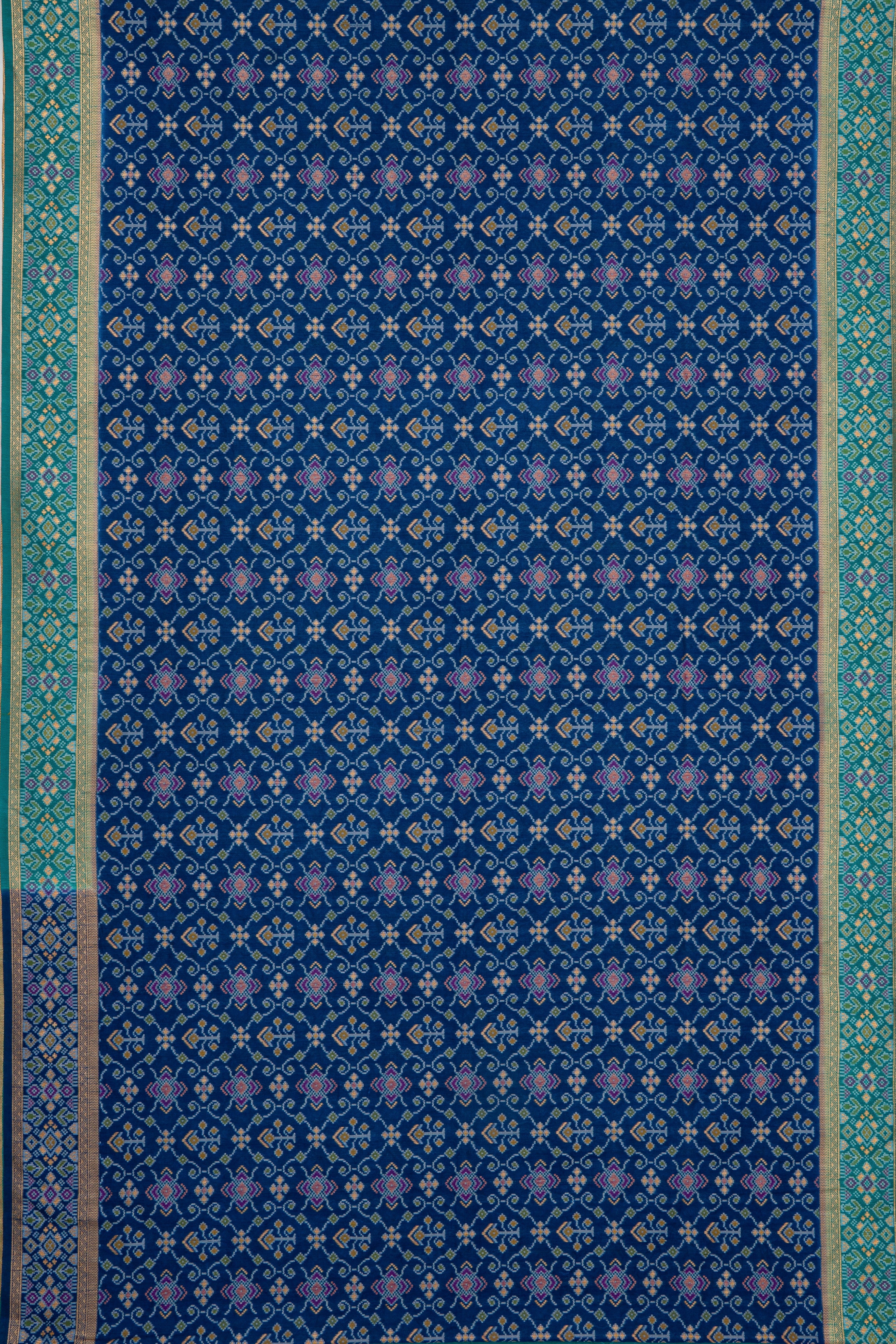Royal Blue Tussar Silk Patola Saree with contrast Sea Green border