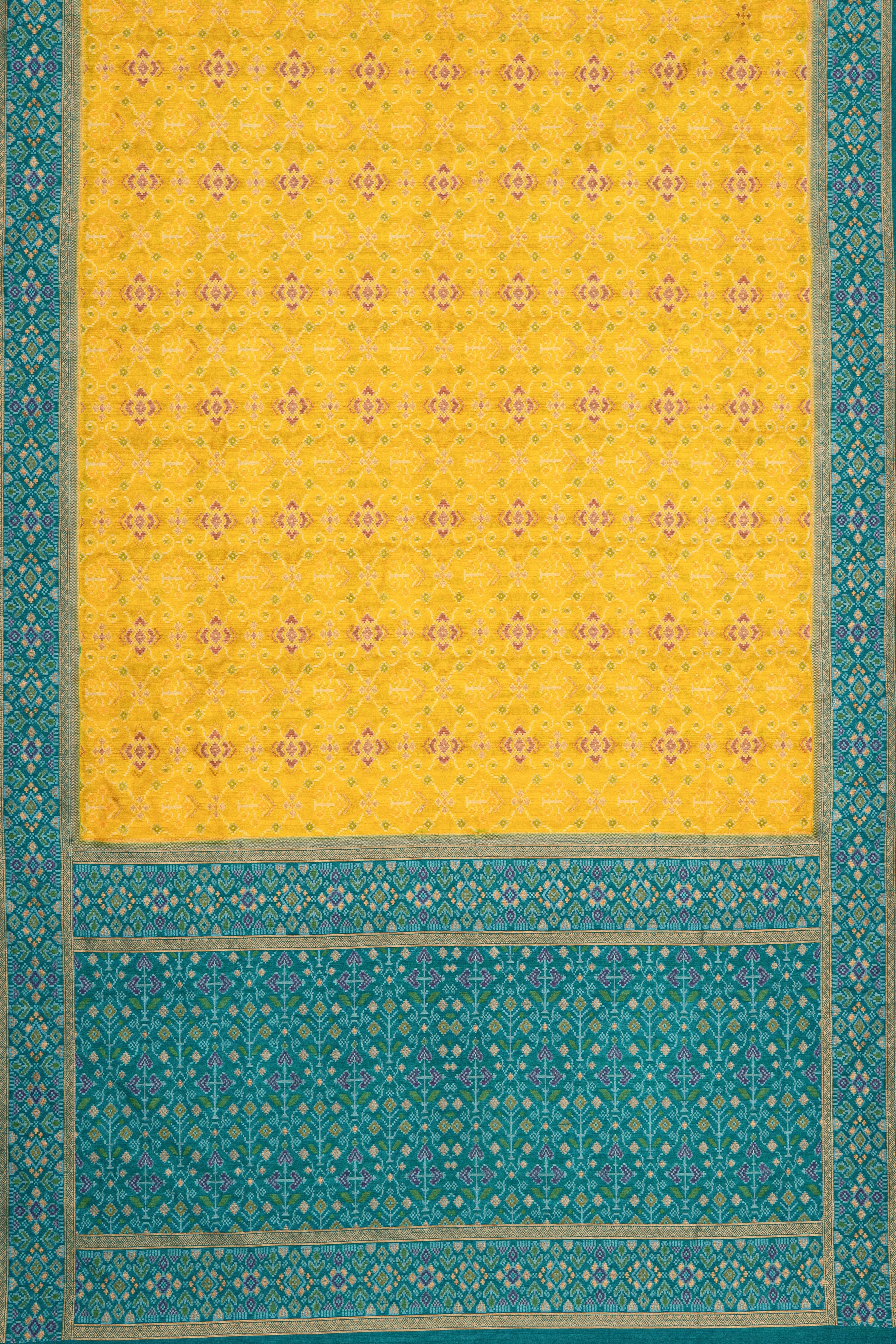 Yellow Tussar Silk Patola Saree with contrast Sea Green border