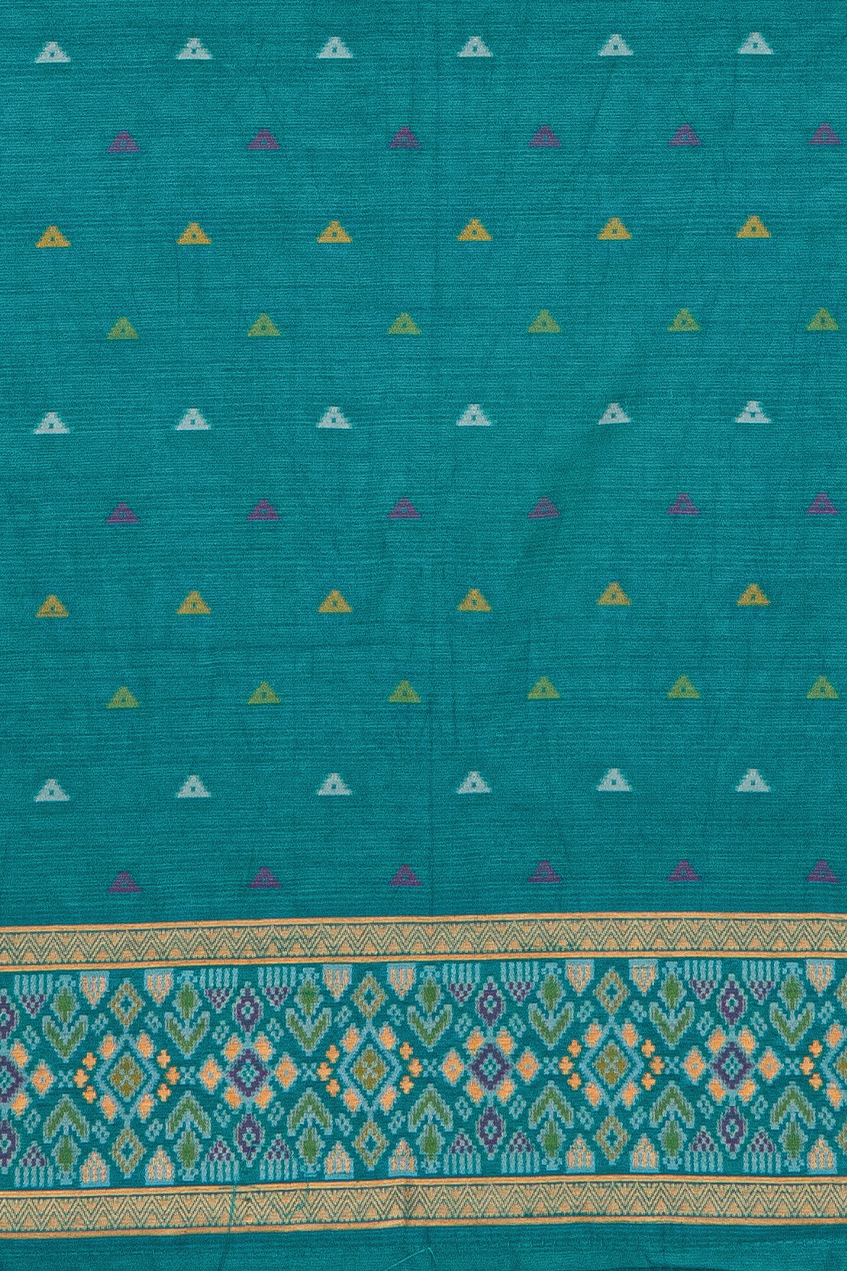 Yellow Tussar Silk Patola Saree with contrast Sea Green border