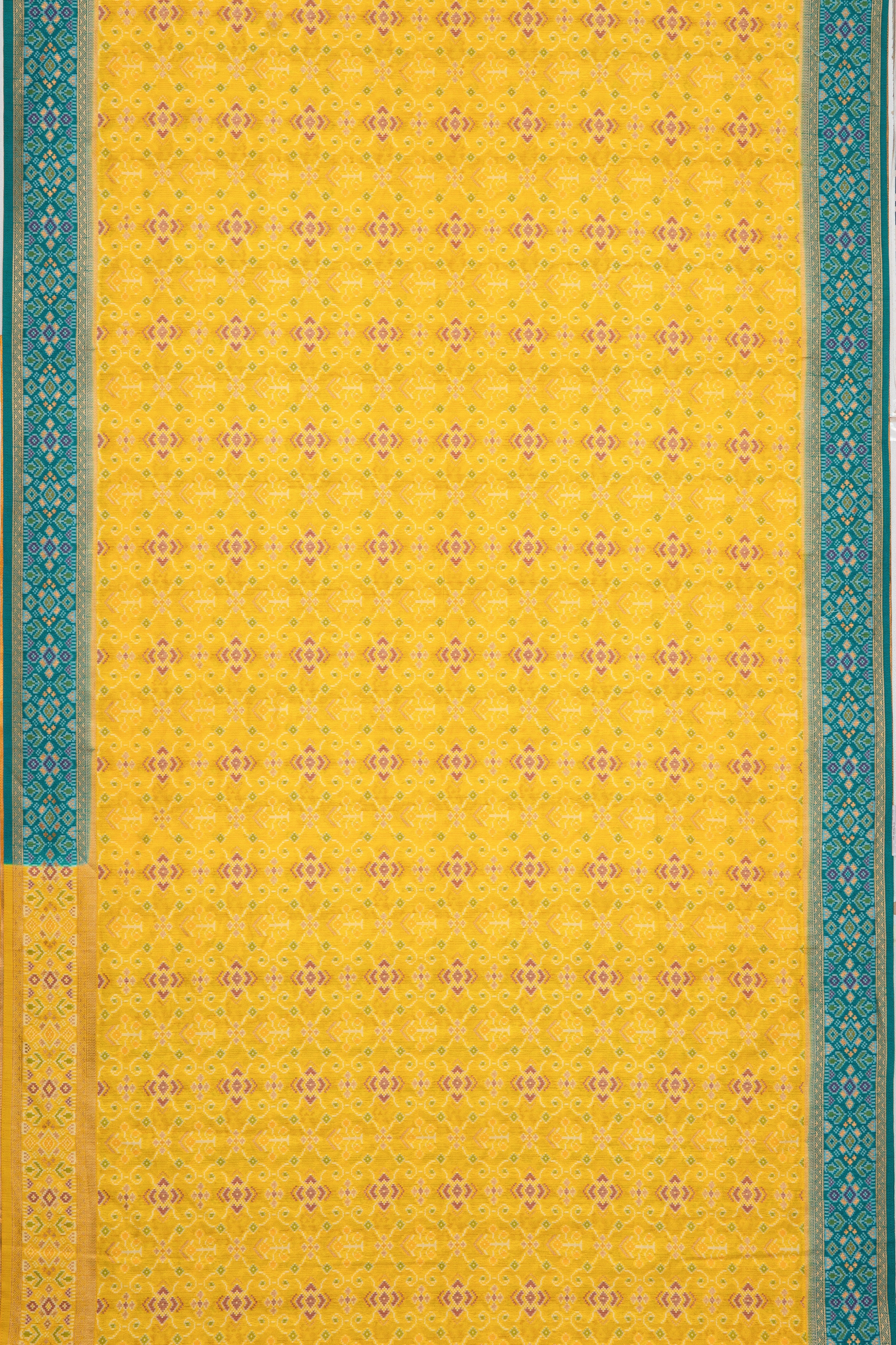 Yellow Tussar Silk Patola Saree with contrast Sea Green border