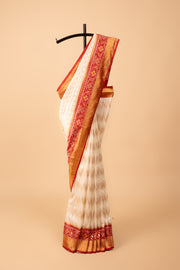 White Tussar Silk Patola Saree with contrast Red border
