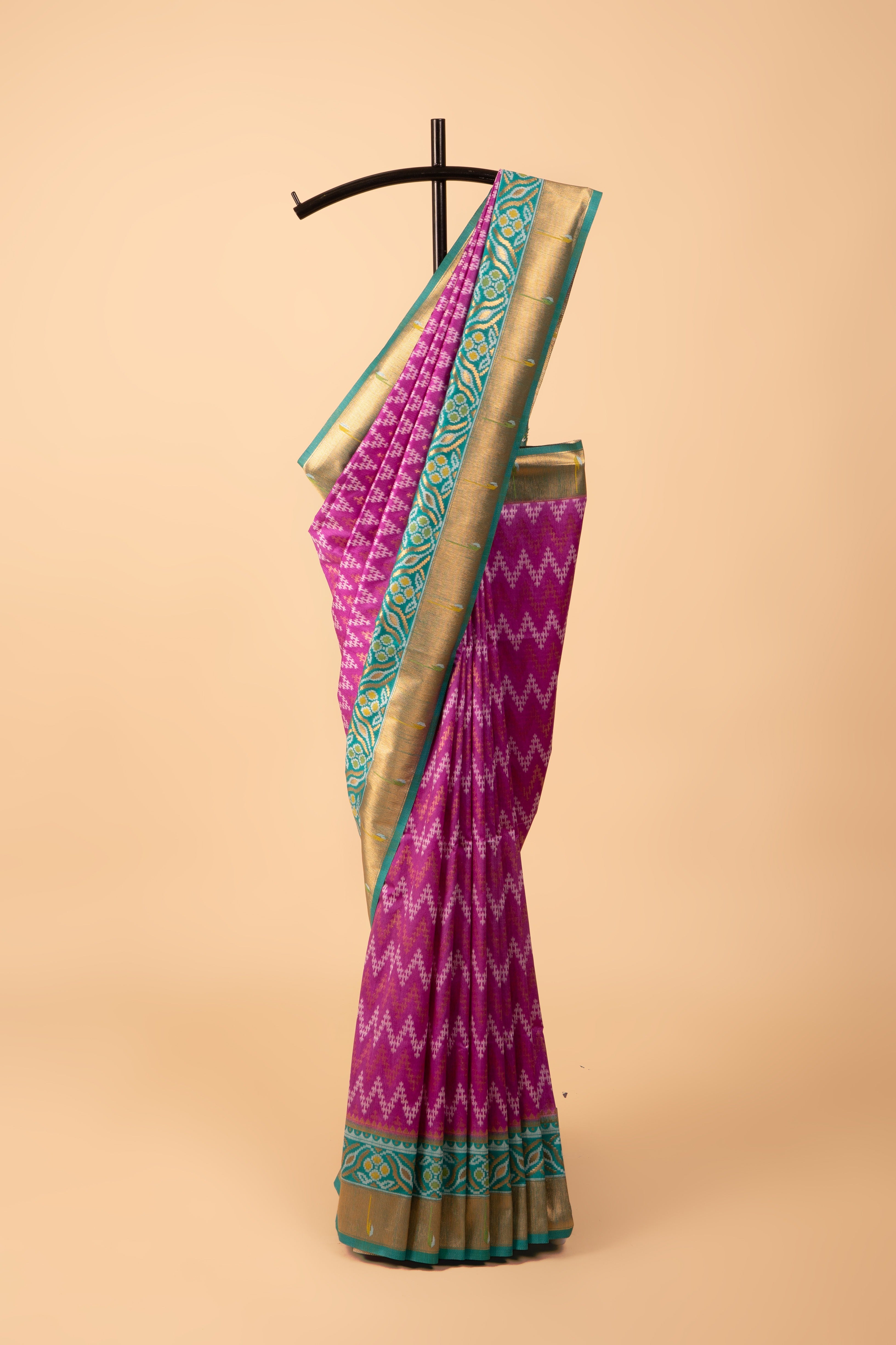 Purple Tussar Silk Patola Saree with contrast Sea Green border