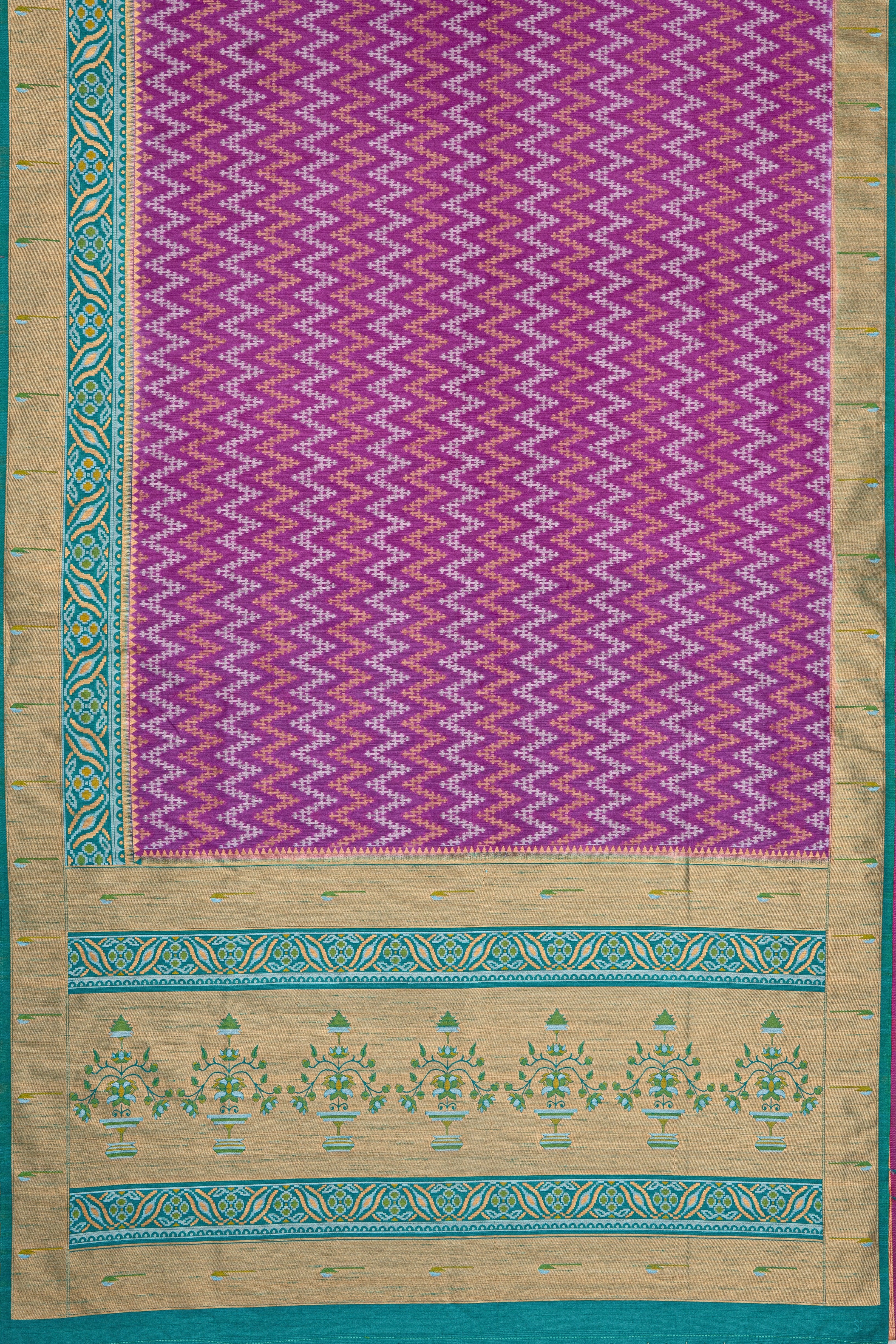 Purple Tussar Silk Patola Saree with contrast Sea Green border