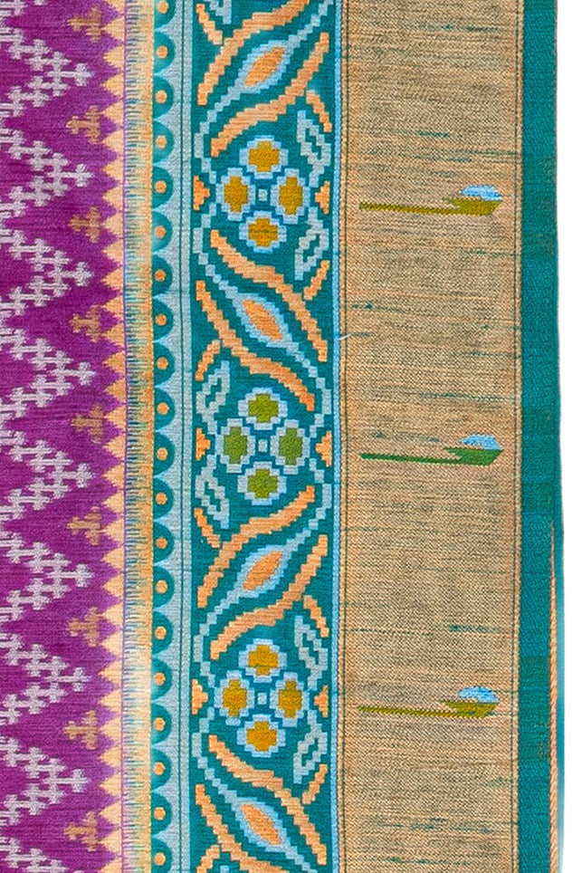 Purple Tussar Silk Patola Saree with contrast Sea Green border